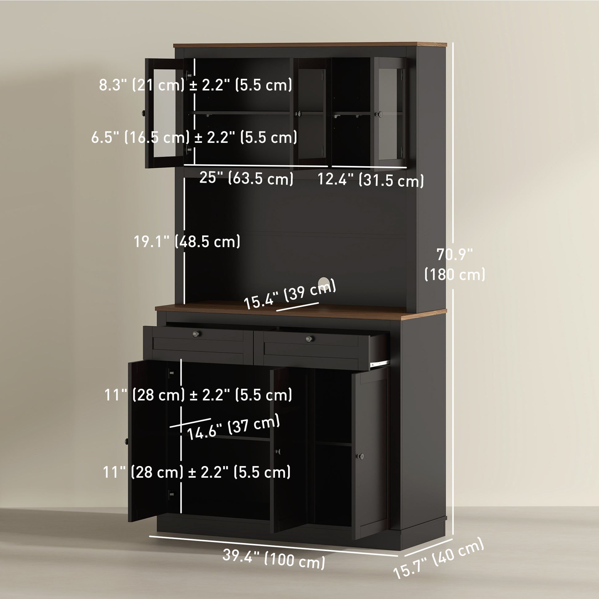 71" Pantry Cabinet with Microwave Space, Black, Adjustable Shelves-DECOROLALA