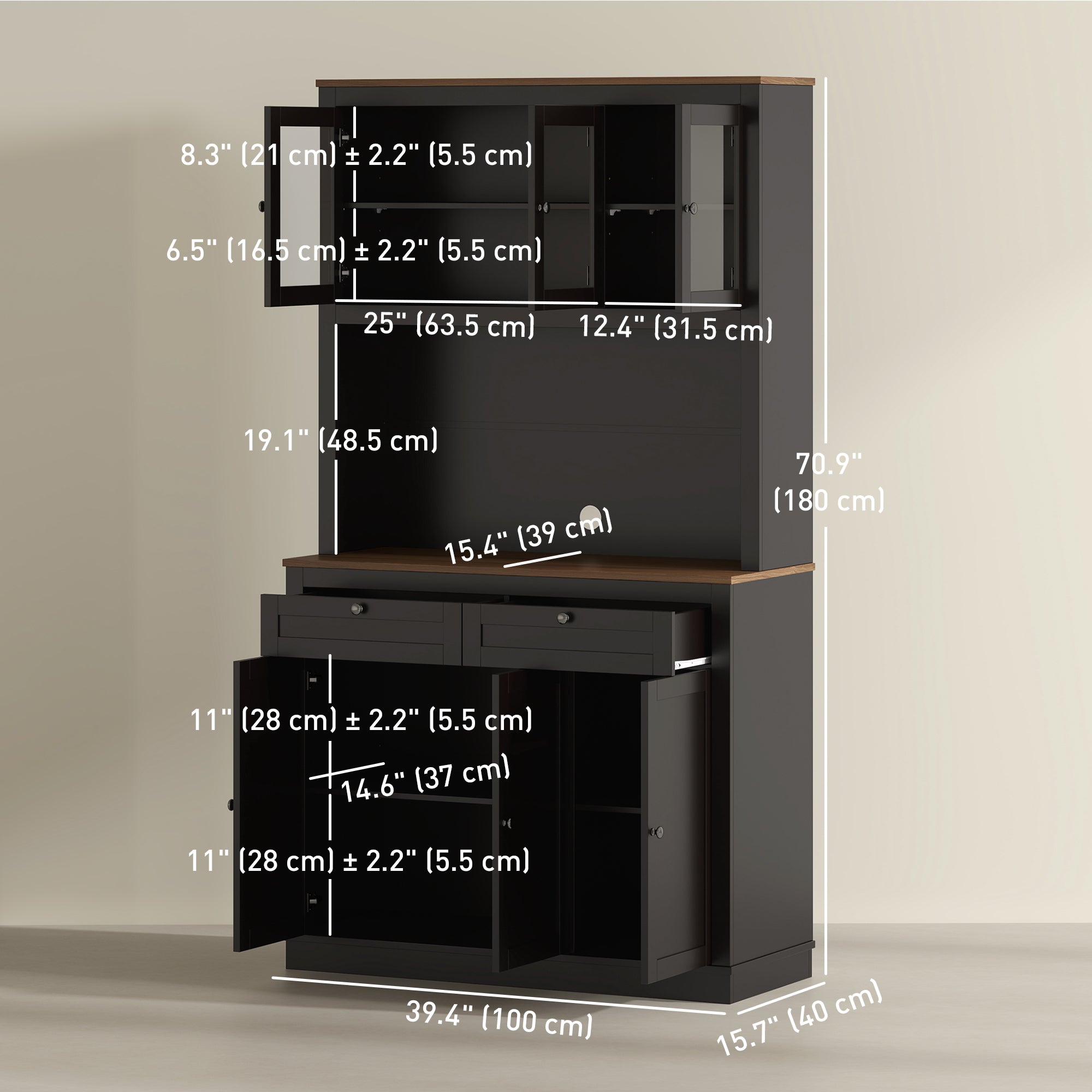 71" Pantry Cabinet with Microwave Space, Black, Adjustable Shelves-DECOROLALA