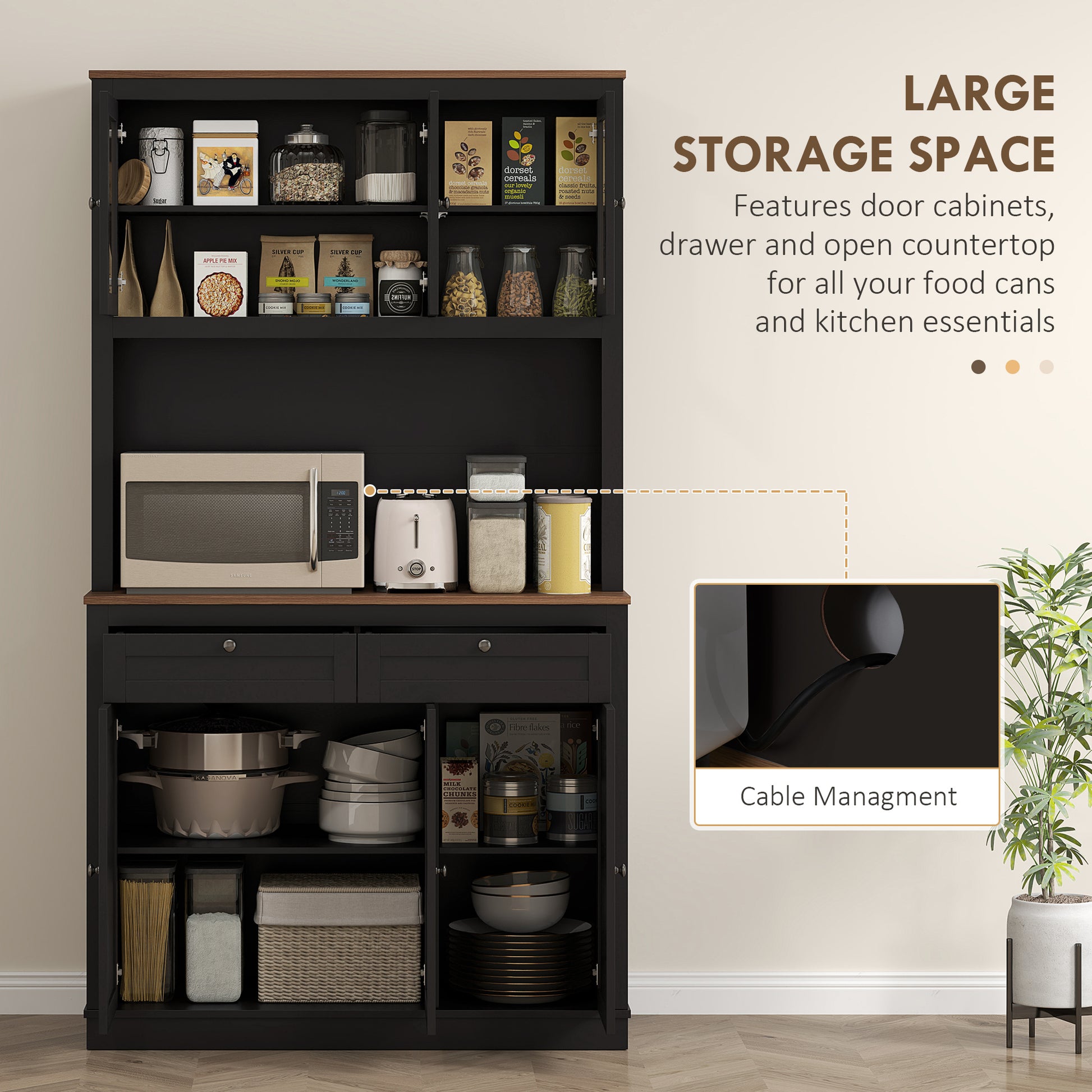 71" Pantry Cabinet with Microwave Space, Black, Adjustable Shelves-DECOROLALA