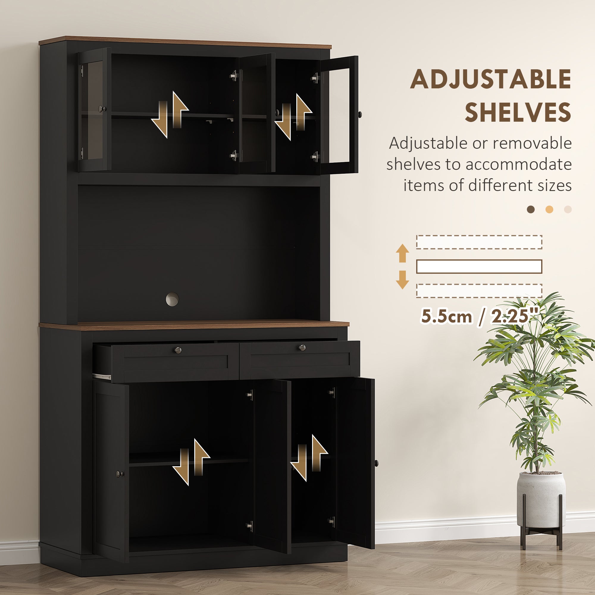 71" Pantry Cabinet with Microwave Space, Black, Adjustable Shelves-DECOROLALA