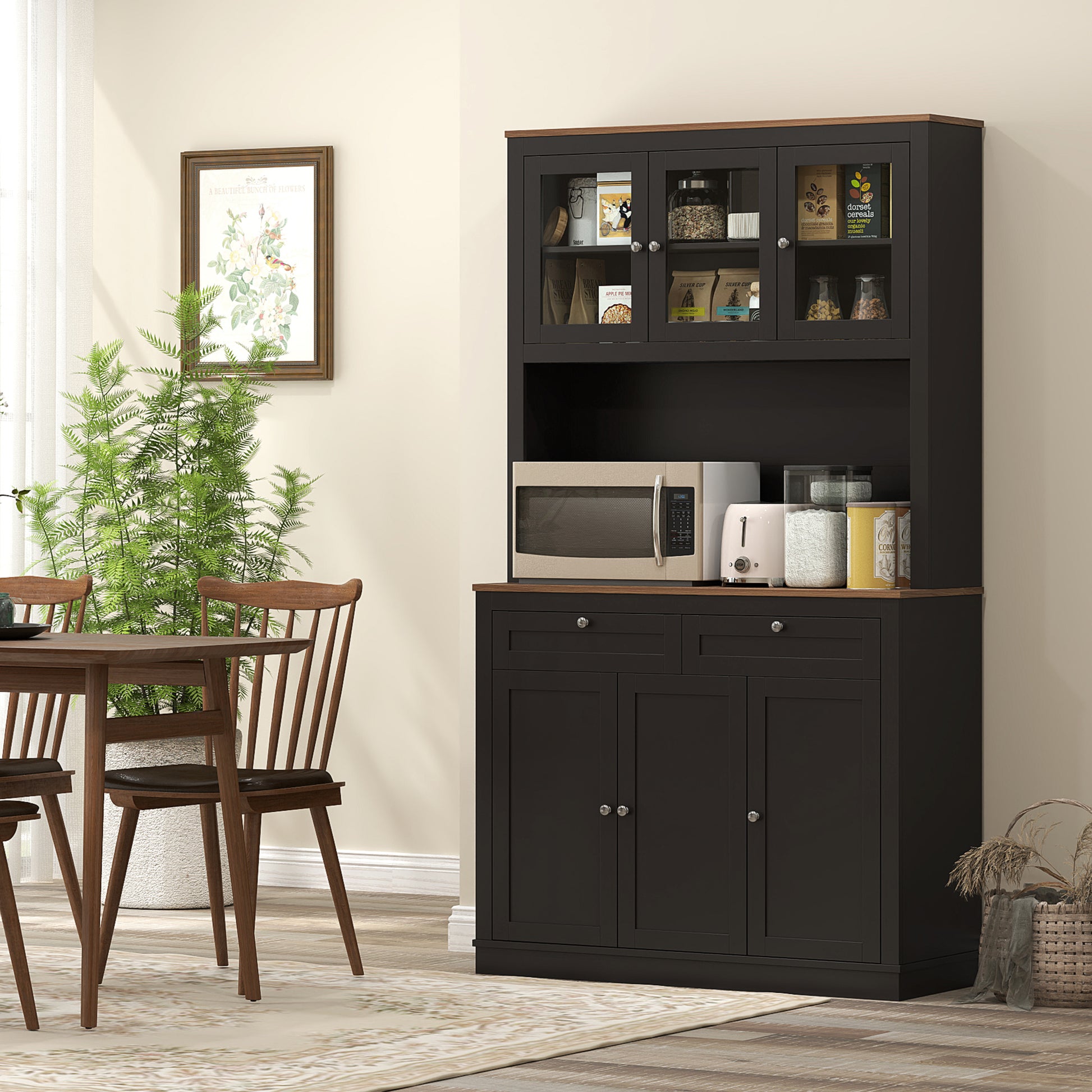 71" Pantry Cabinet with Microwave Space, Black, Adjustable Shelves-DECOROLALA