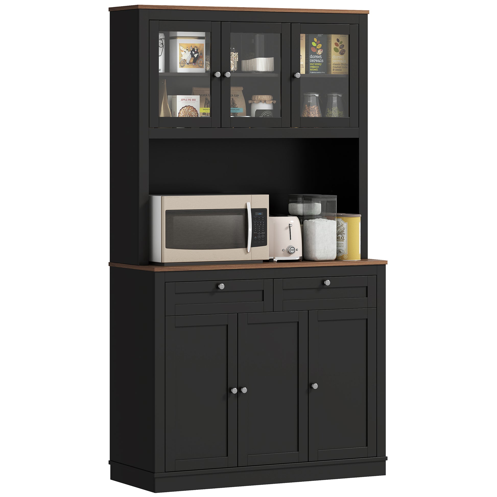 71" Pantry Cabinet with Microwave Space, Black, Adjustable Shelves-DECOROLALA
