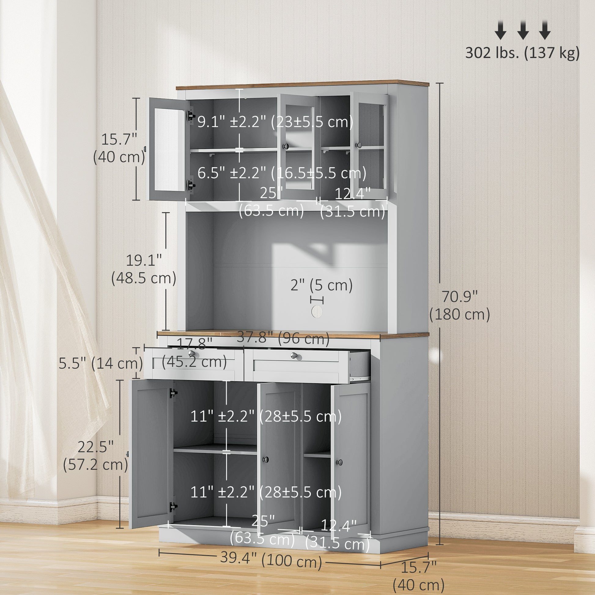 71" Pantry Cabinet with Microwave Space, Grey Buffet with Glass Doors, 2 Drawers-DECOROLALA