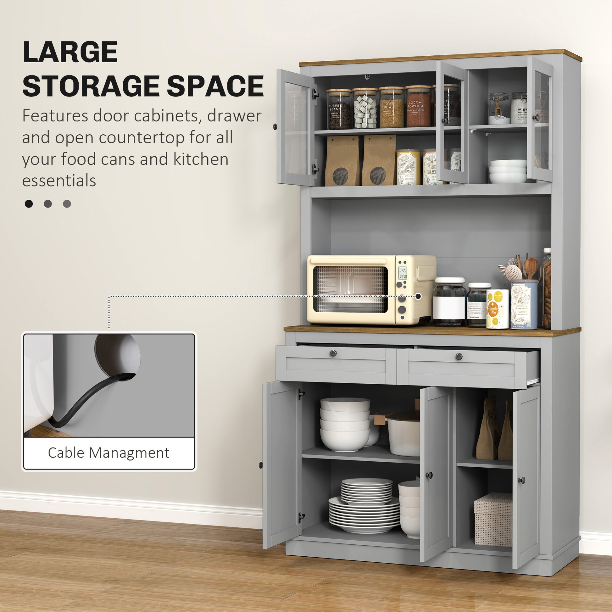 71" Pantry Cabinet with Microwave Space, Grey Buffet with Glass Doors, 2 Drawers-DECOROLALA