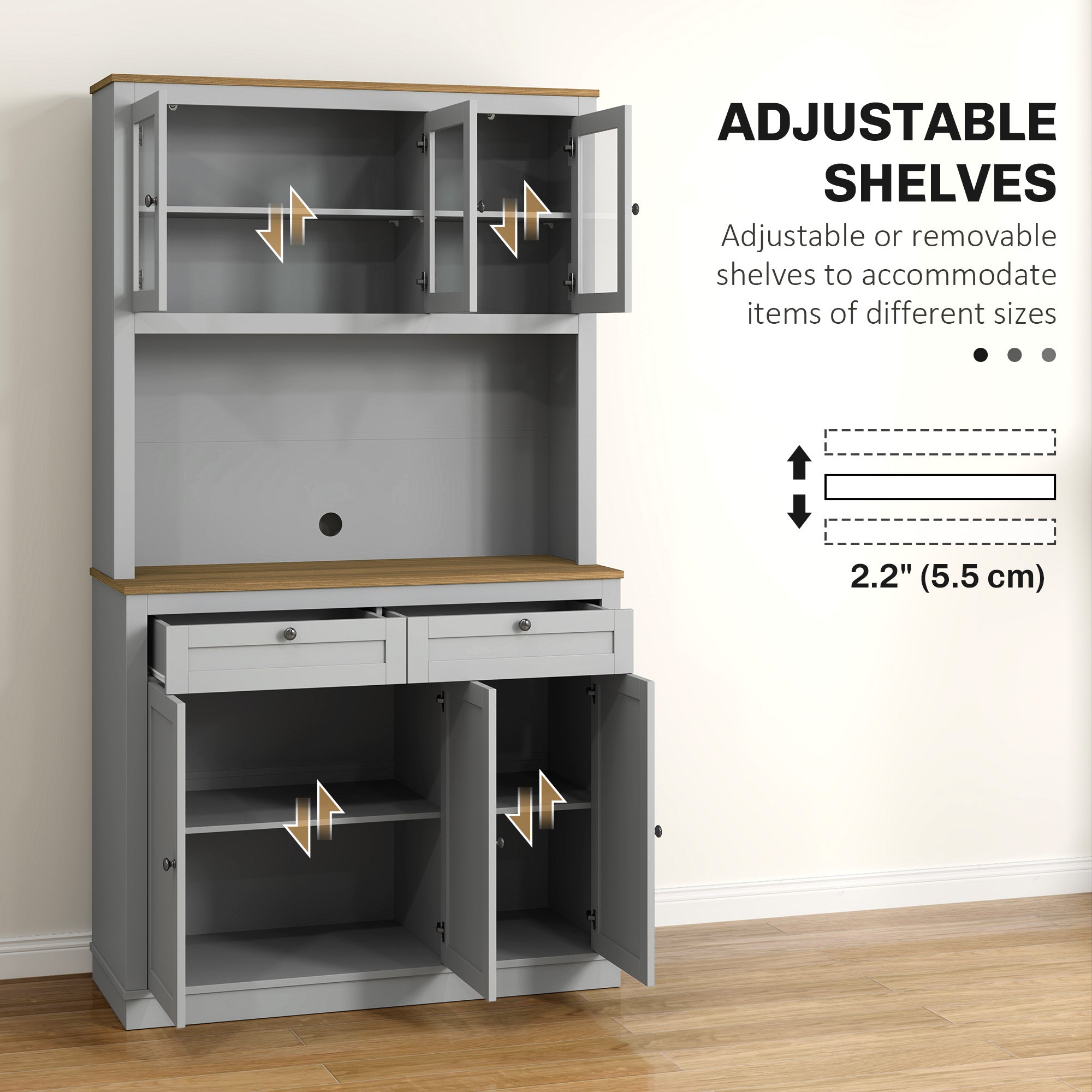 71" Pantry Cabinet with Microwave Space, Grey Buffet with Glass Doors, 2 Drawers-DECOROLALA