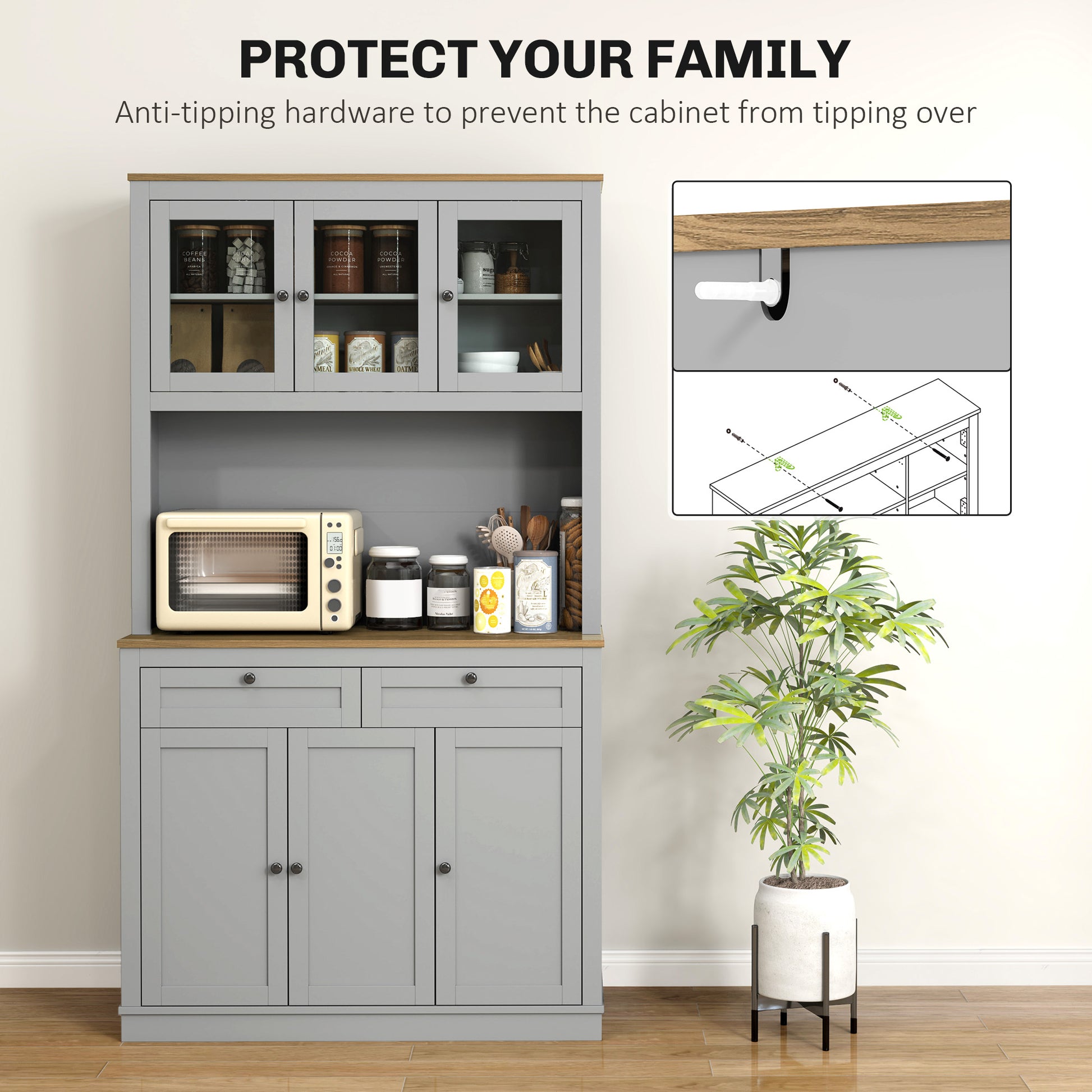 71" Pantry Cabinet with Microwave Space, Grey Buffet with Glass Doors, 2 Drawers-DECOROLALA