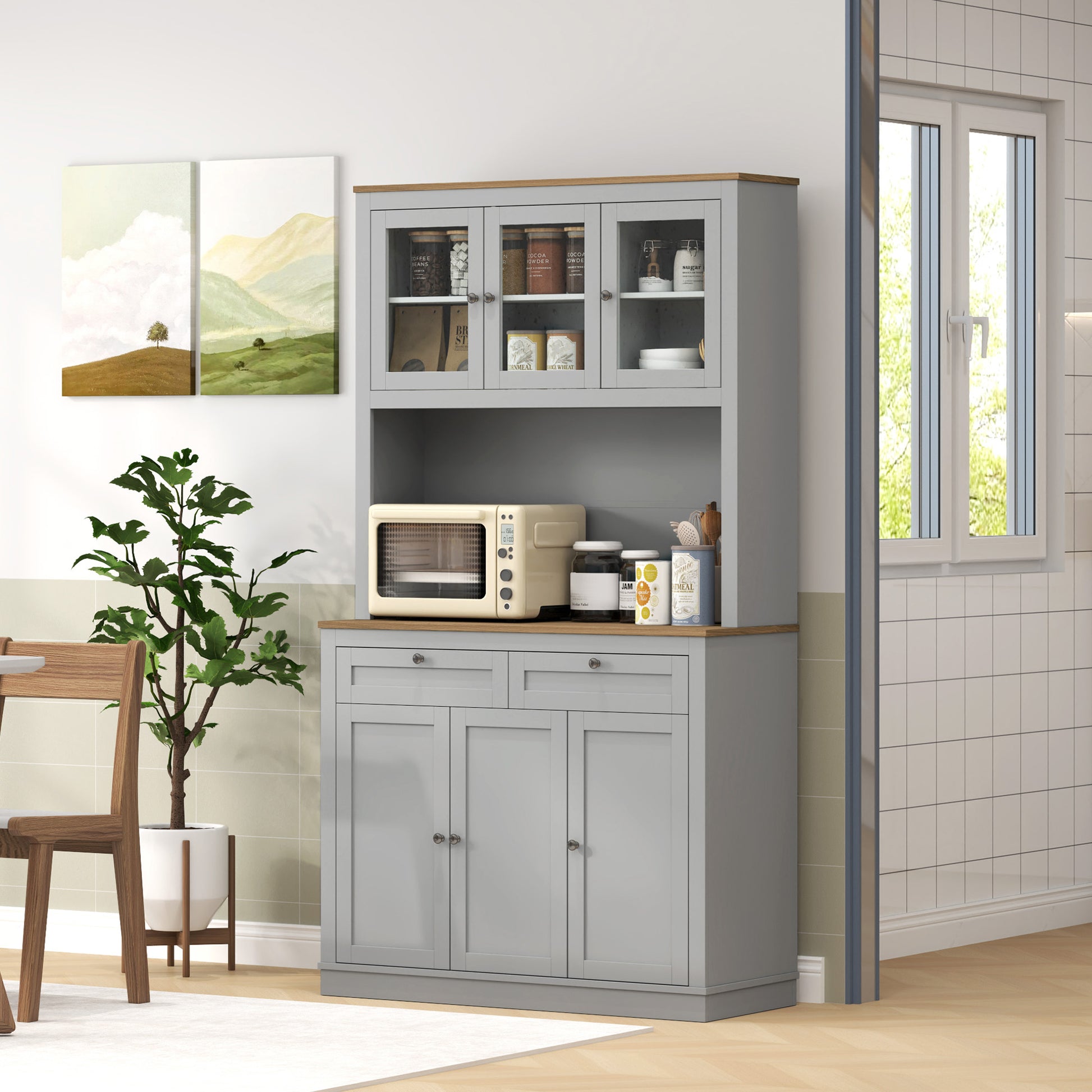 71" Pantry Cabinet with Microwave Space, Grey Buffet with Glass Doors, 2 Drawers-DECOROLALA