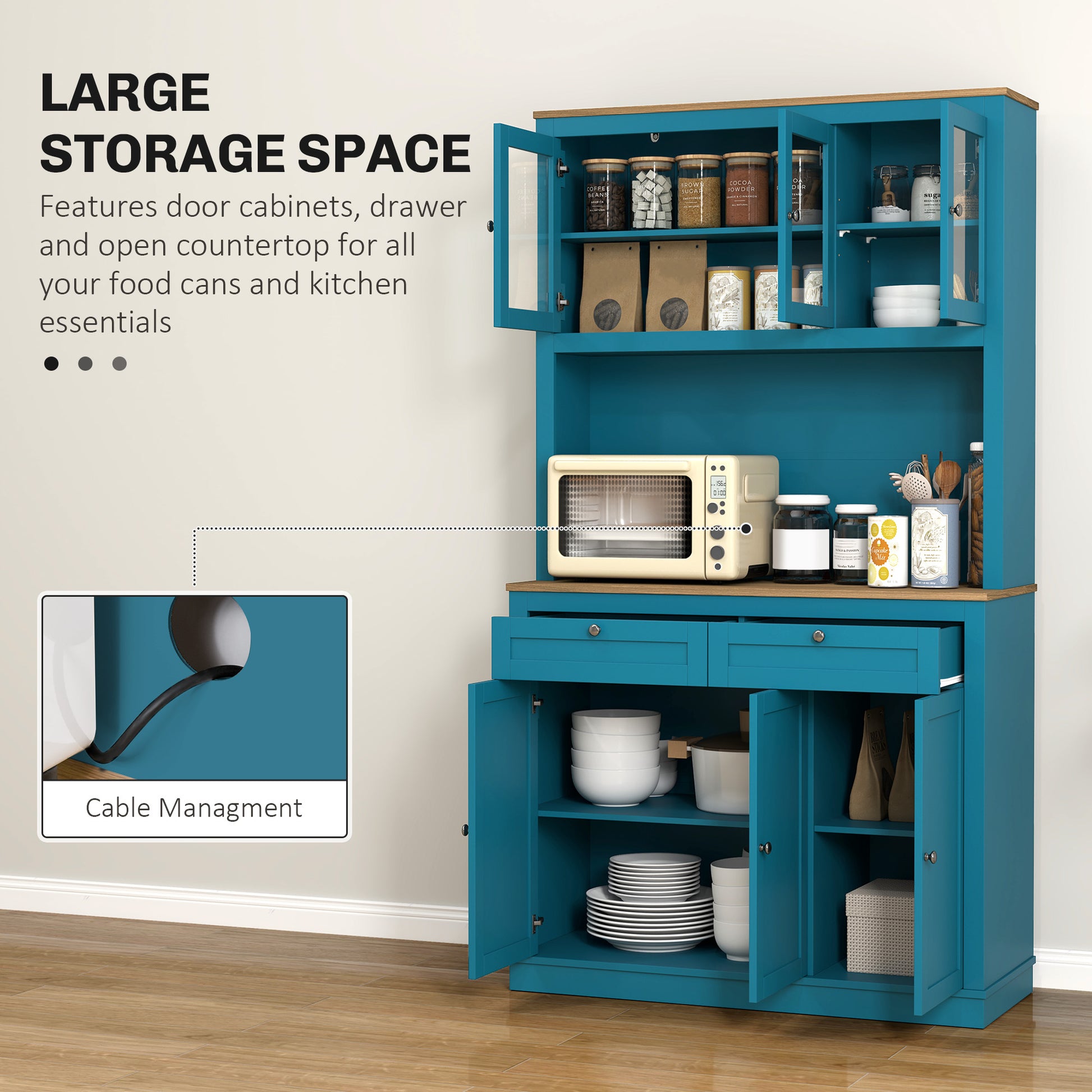 71" Pantry Cabinet with Microwave Space & Hutch - Navy Blue-DECOROLALA
