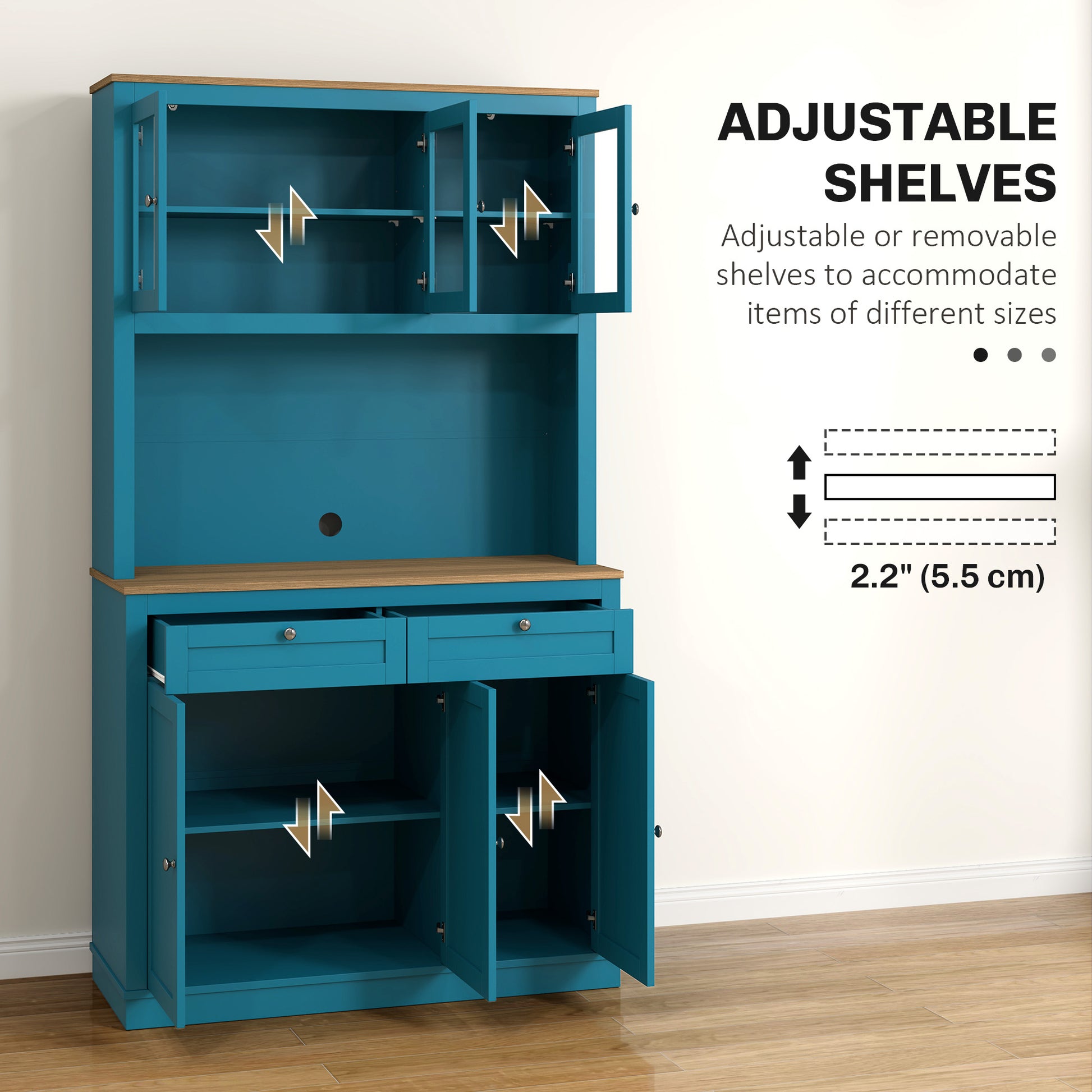 71" Pantry Cabinet with Microwave Space & Hutch - Navy Blue-DECOROLALA