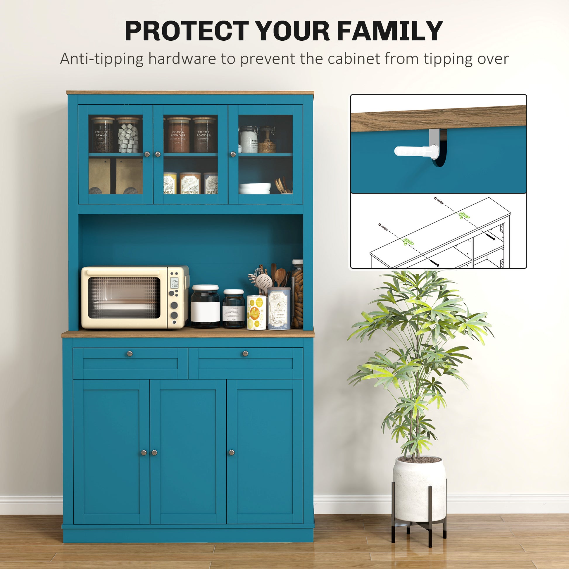 71" Pantry Cabinet with Microwave Space & Hutch - Navy Blue-DECOROLALA