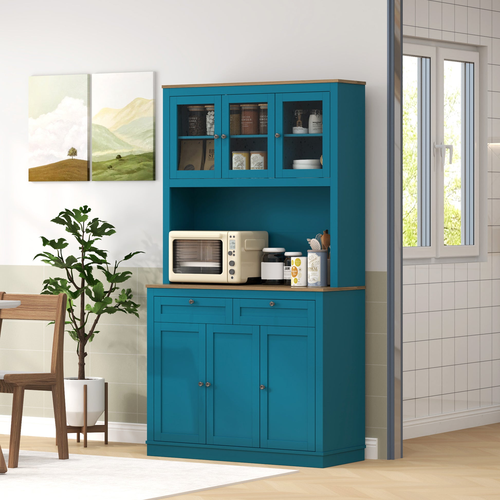 71" Pantry Cabinet with Microwave Space & Hutch - Navy Blue-DECOROLALA