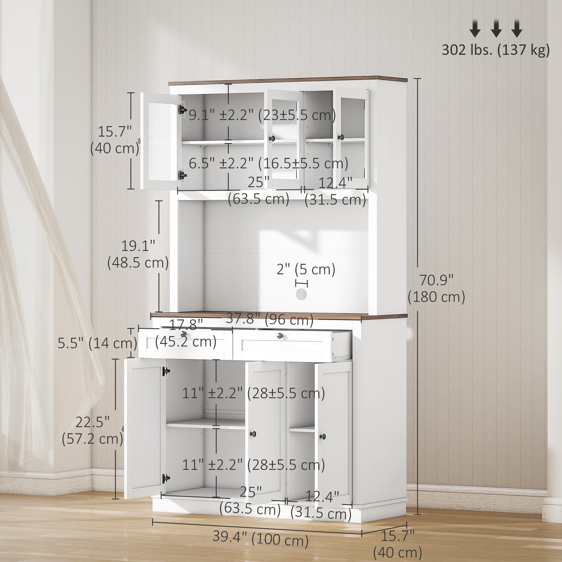 71" Pantry Cabinet with Microwave Space, White, Adjustable Shelves, Glass Doors-DECOROLALA