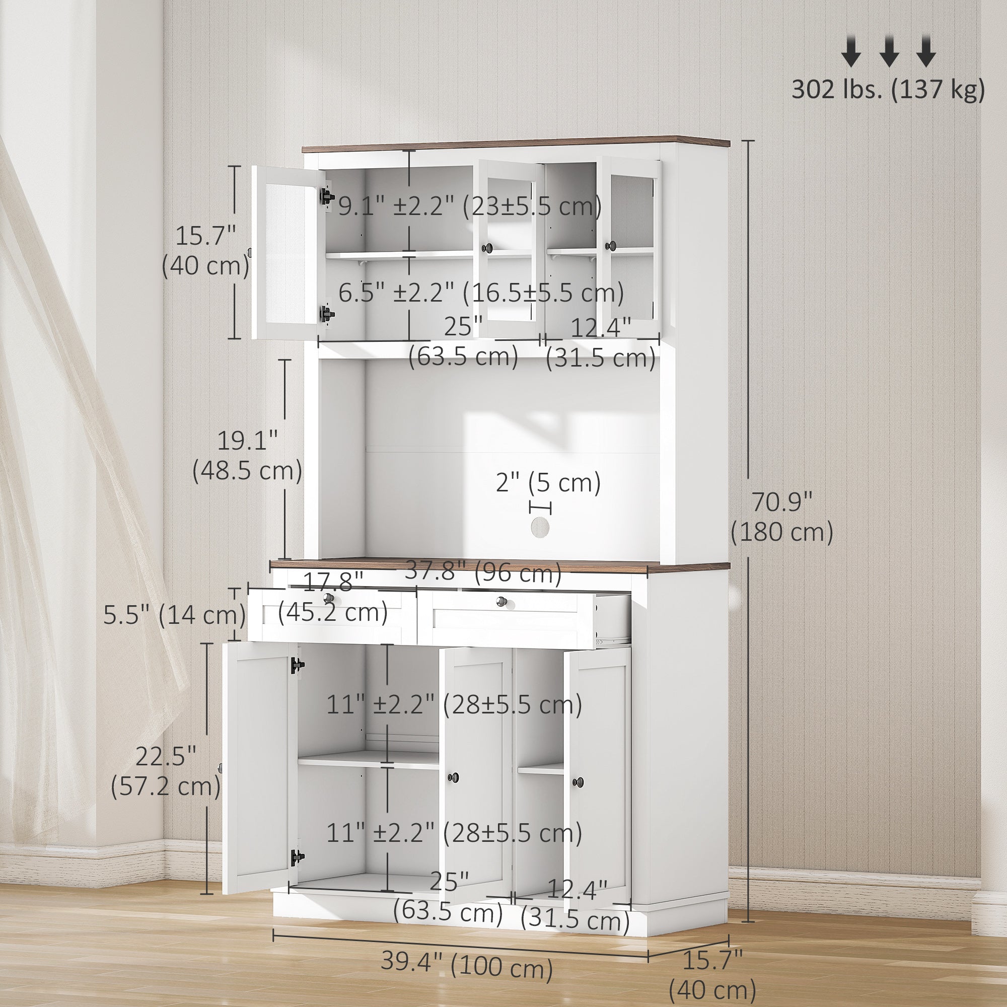71" Pantry Cabinet with Microwave Space, White, Adjustable Shelves, Glass Doors-DECOROLALA