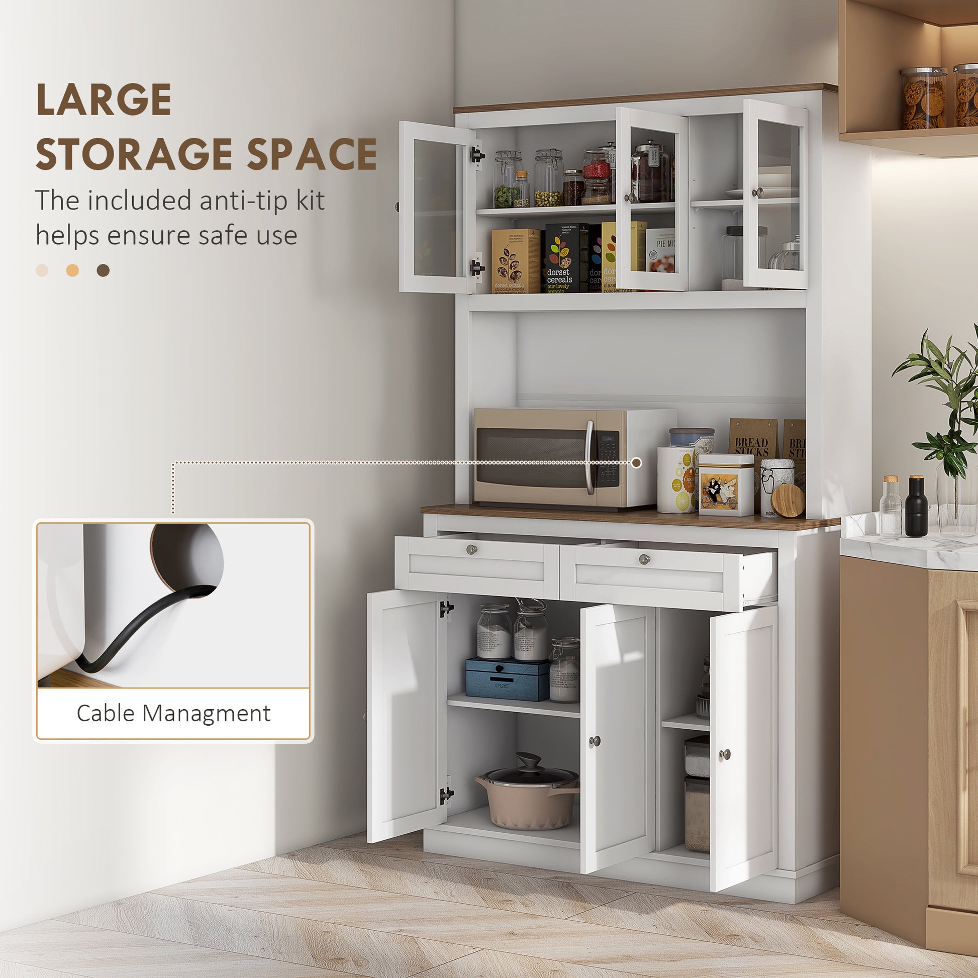 71" Pantry Cabinet with Microwave Space, White, Adjustable Shelves, Glass Doors-DECOROLALA