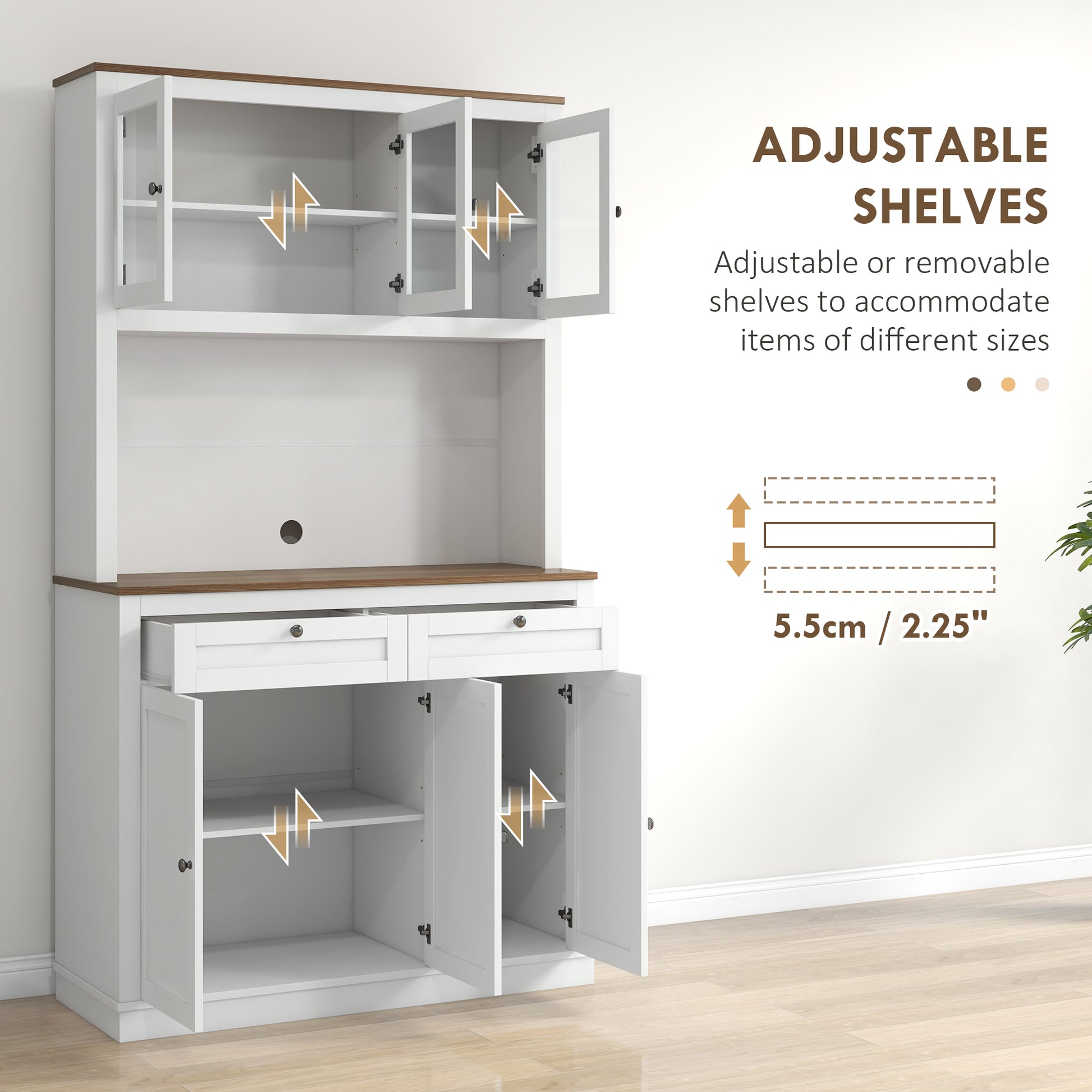 71" Pantry Cabinet with Microwave Space, White, Adjustable Shelves, Glass Doors-DECOROLALA