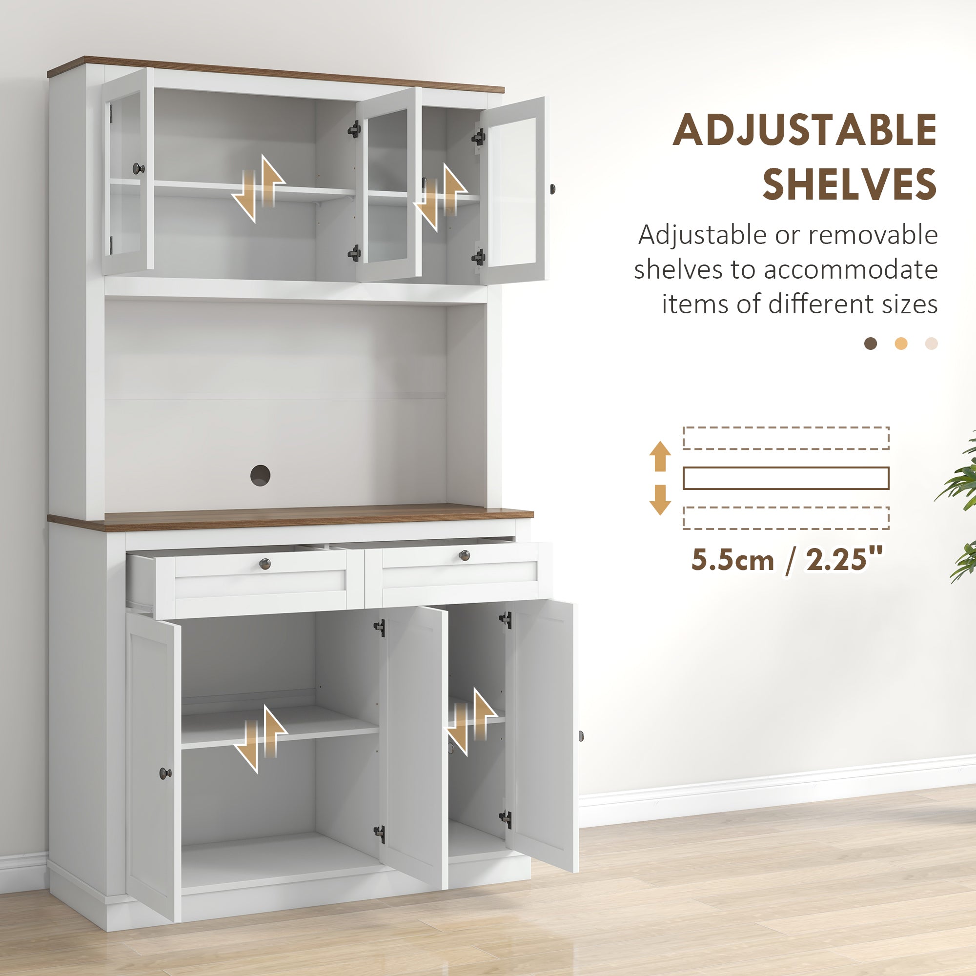 71" Pantry Cabinet with Microwave Space, White, Adjustable Shelves, Glass Doors-DECOROLALA