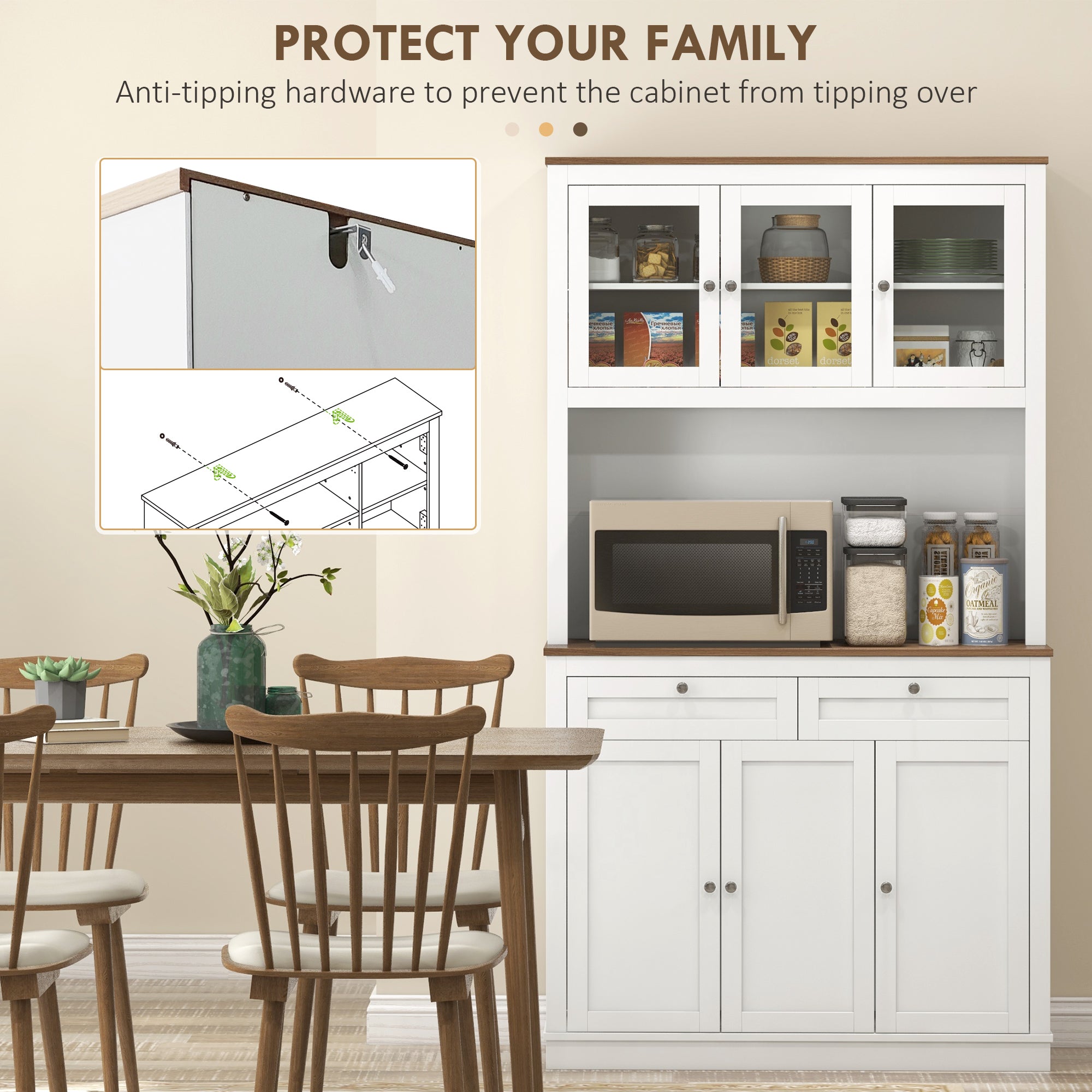 71" Pantry Cabinet with Microwave Space, White, Adjustable Shelves, Glass Doors-DECOROLALA