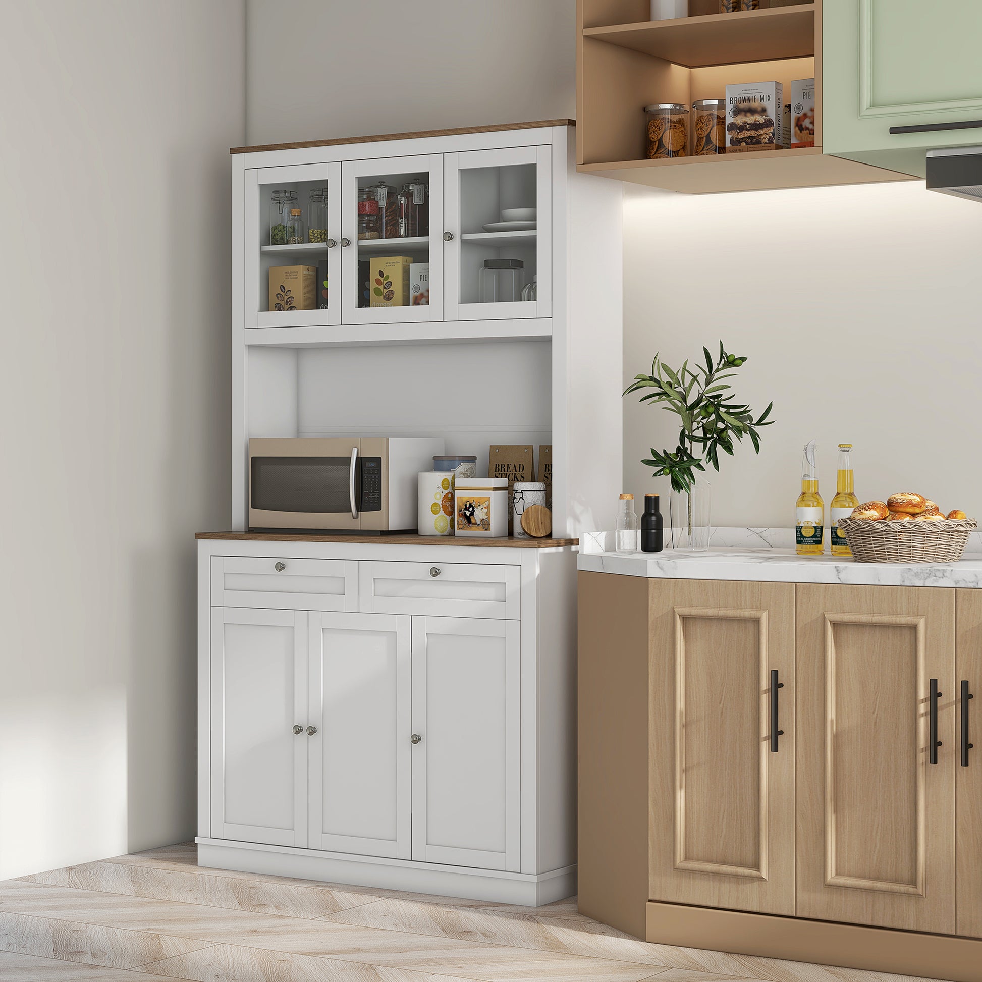 71" Pantry Cabinet with Microwave Space, White, Adjustable Shelves, Glass Doors-DECOROLALA