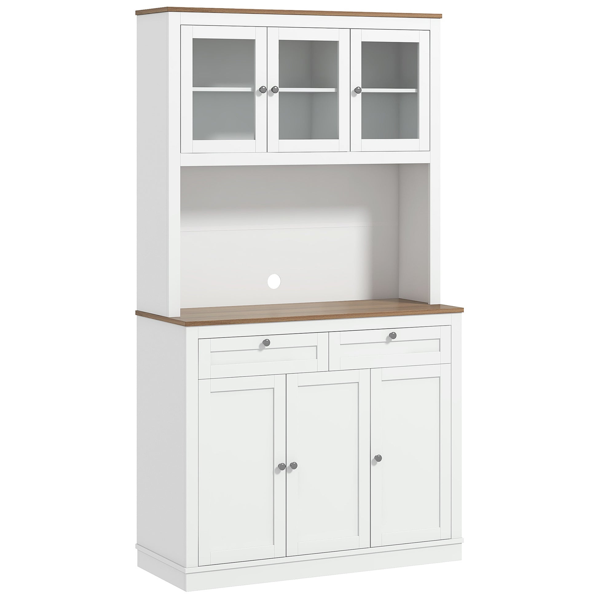 71" Pantry Cabinet with Microwave Space, White, Adjustable Shelves, Glass Doors-DECOROLALA