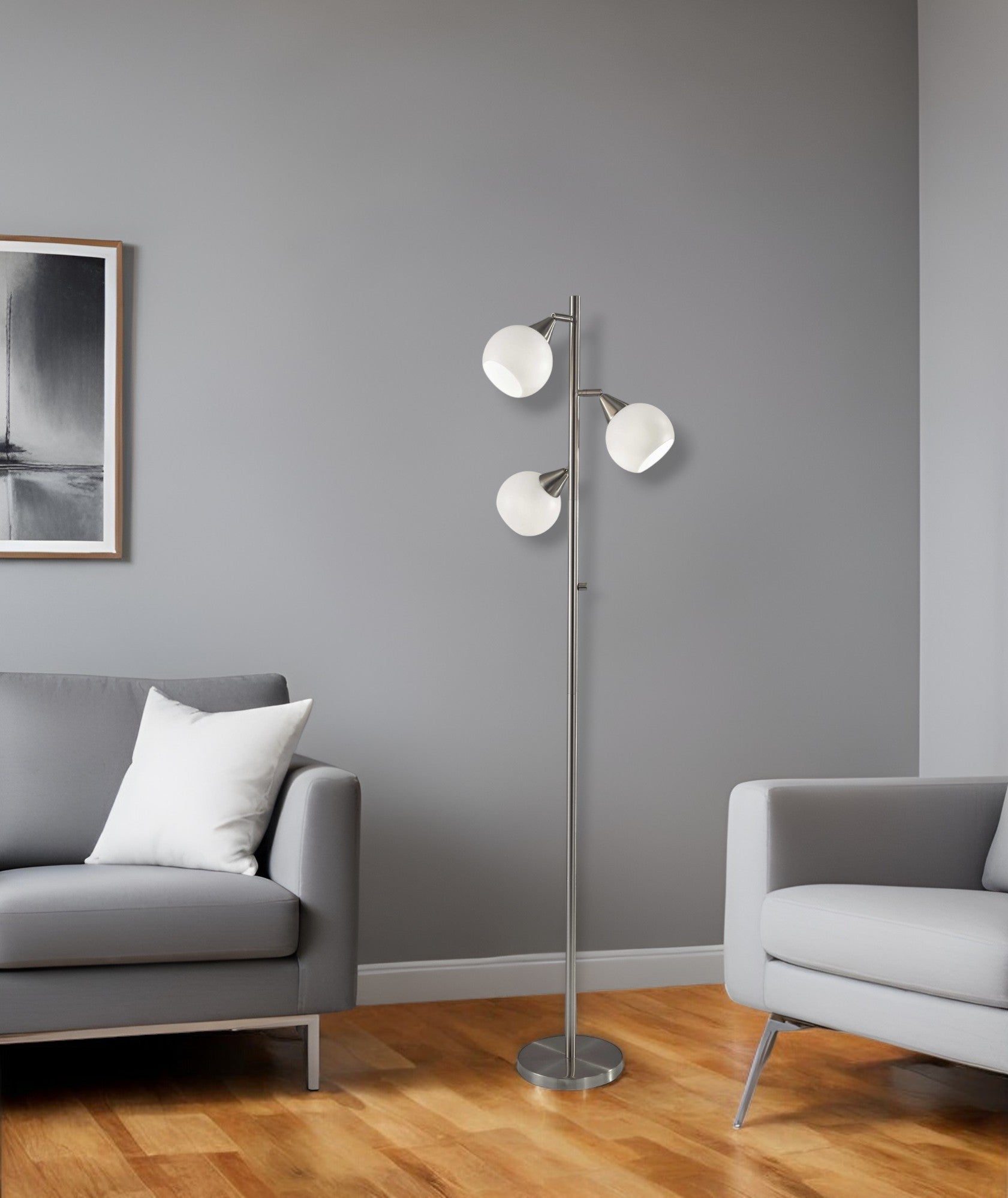 71" Silver Metal Floor Lamp With White Dome Shade-Floor Lamps-DECOROLALA