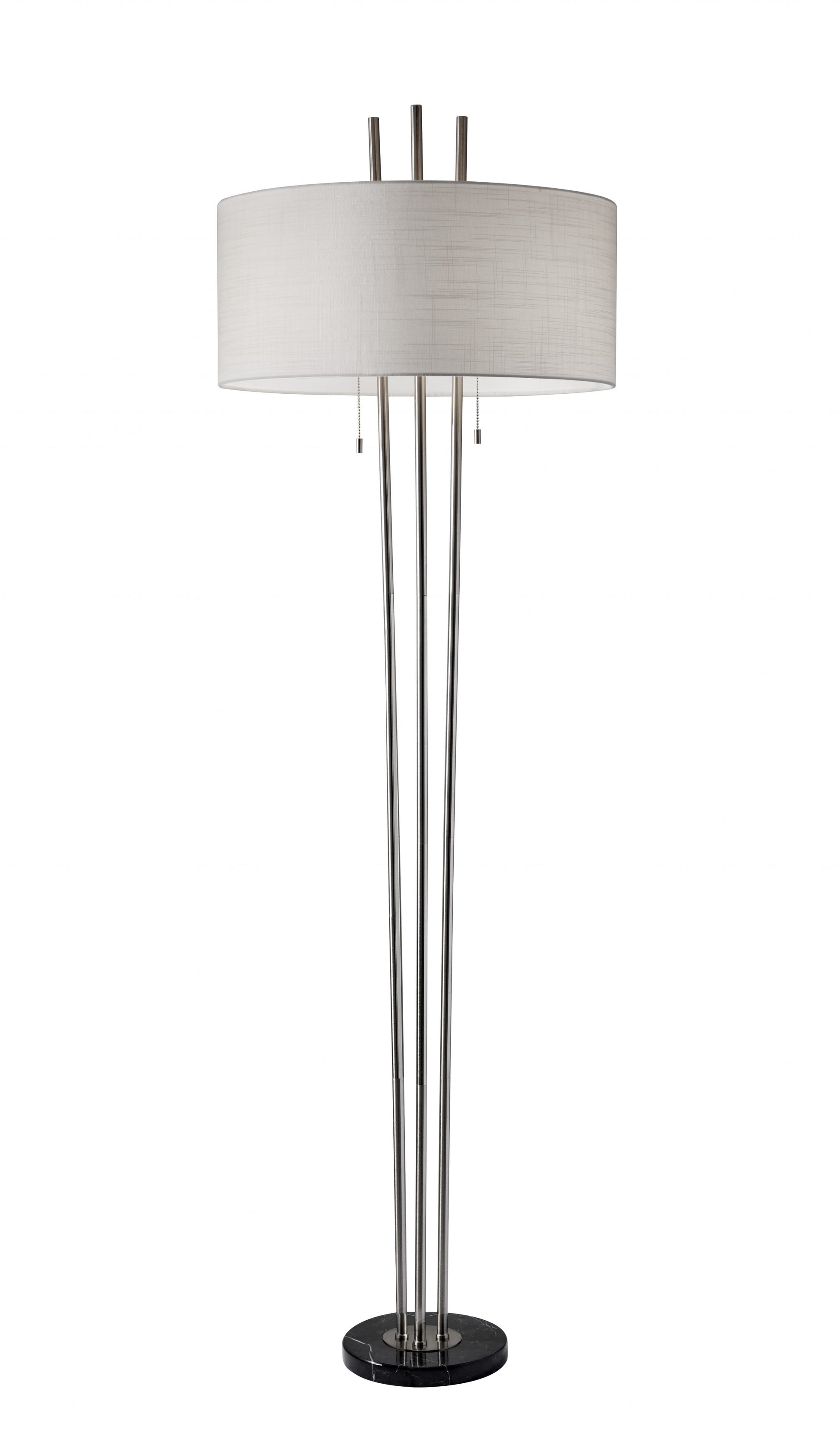 71" Silver Metal Two Light Floor Lamp With White Linen Drum Shade-Floor Lamps-DECOROLALA