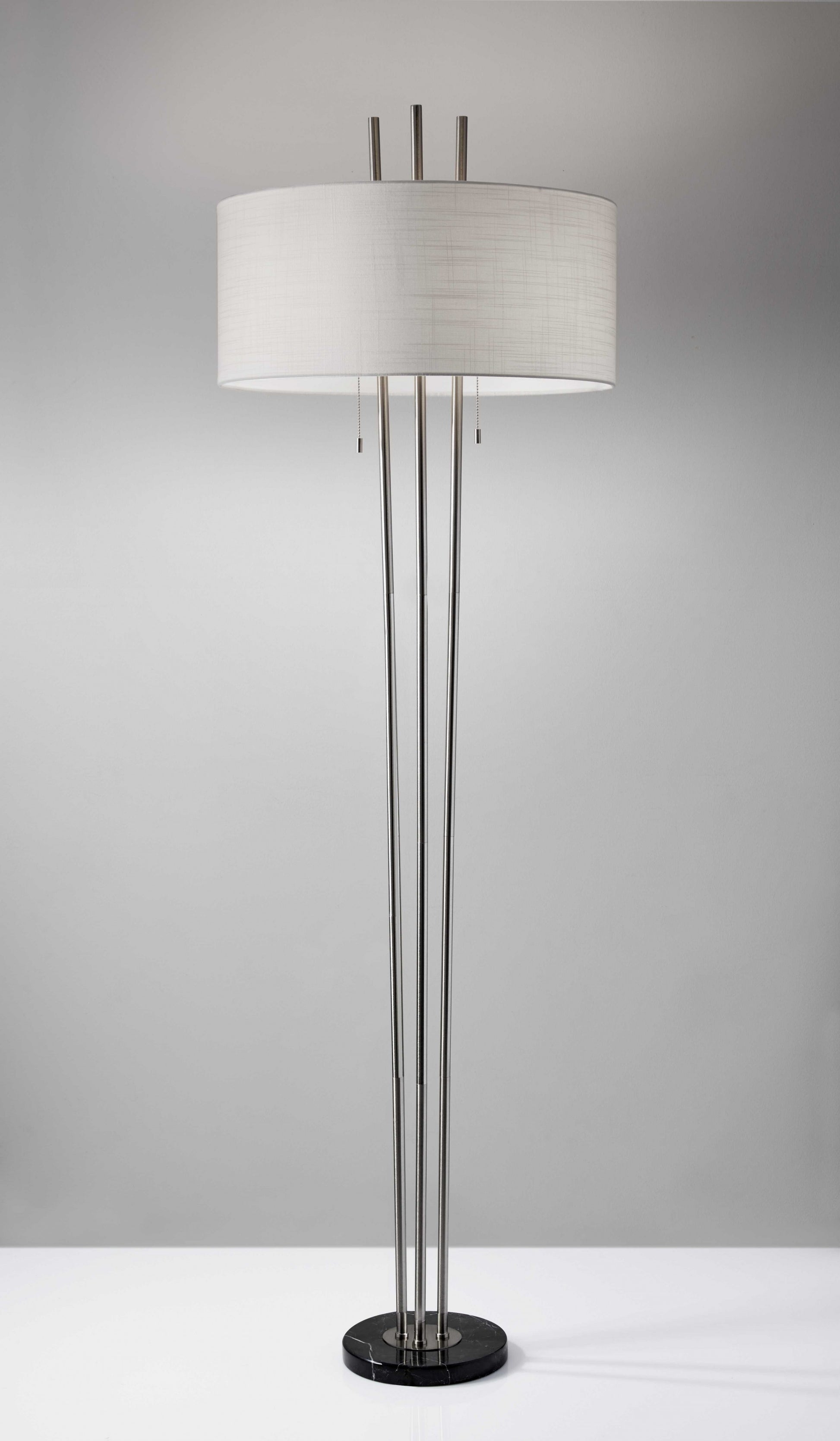 71" Silver Metal Two Light Floor Lamp With White Linen Drum Shade-Floor Lamps-DECOROLALA