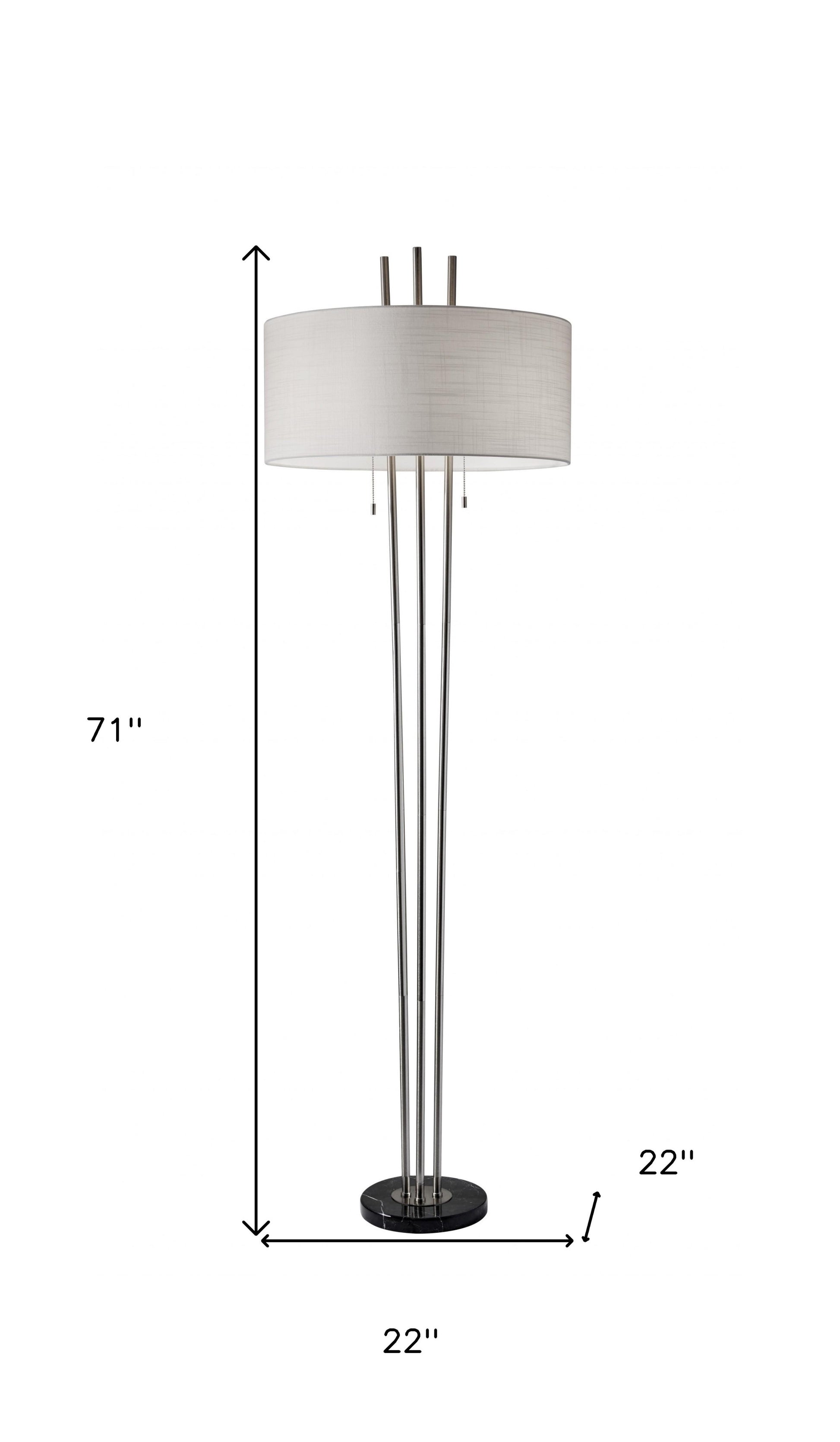 71" Silver Metal Two Light Floor Lamp With White Linen Drum Shade-Floor Lamps-DECOROLALA