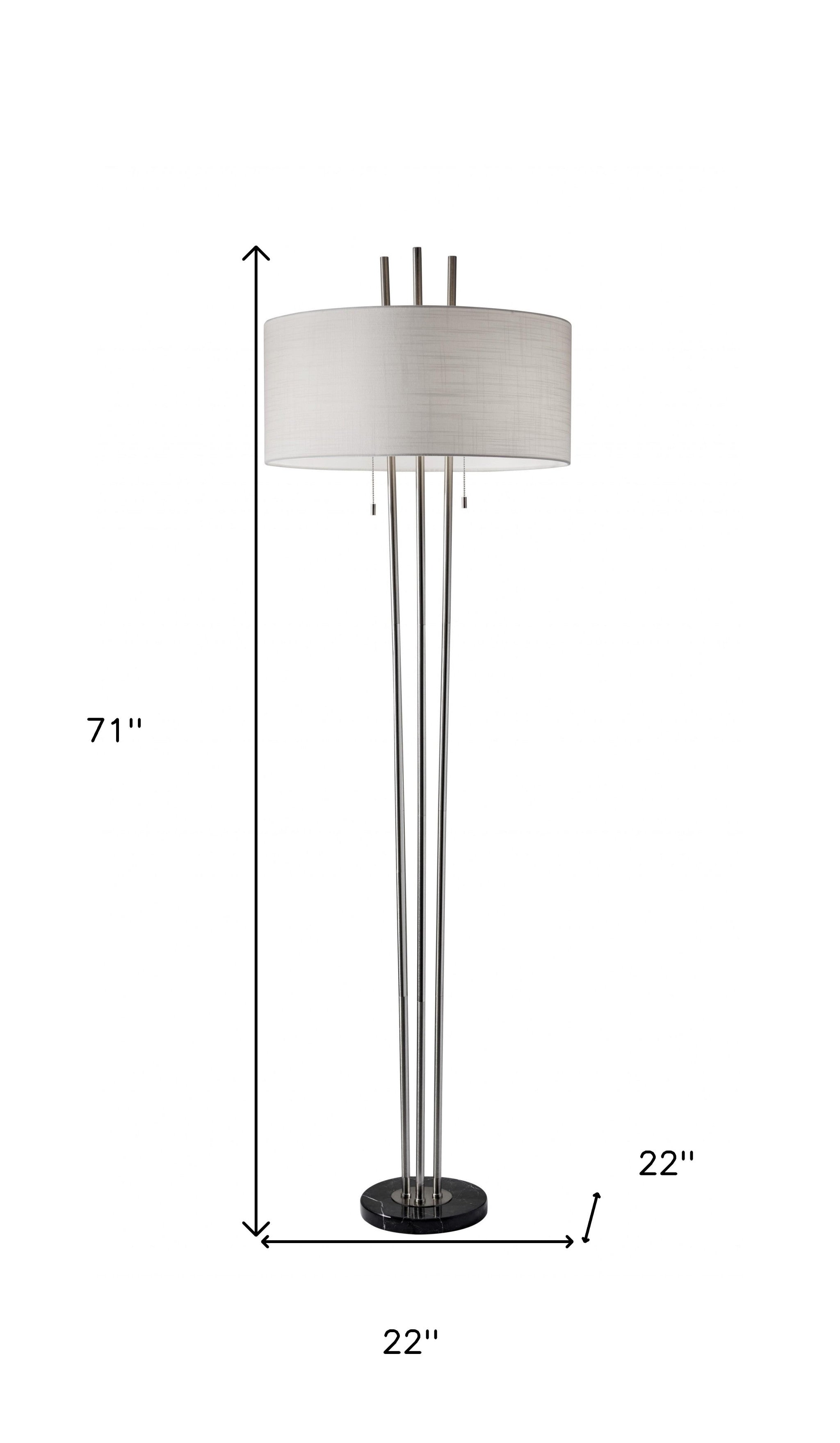 71" Silver Metal Two Light Floor Lamp With White Linen Drum Shade-Floor Lamps-DECOROLALA