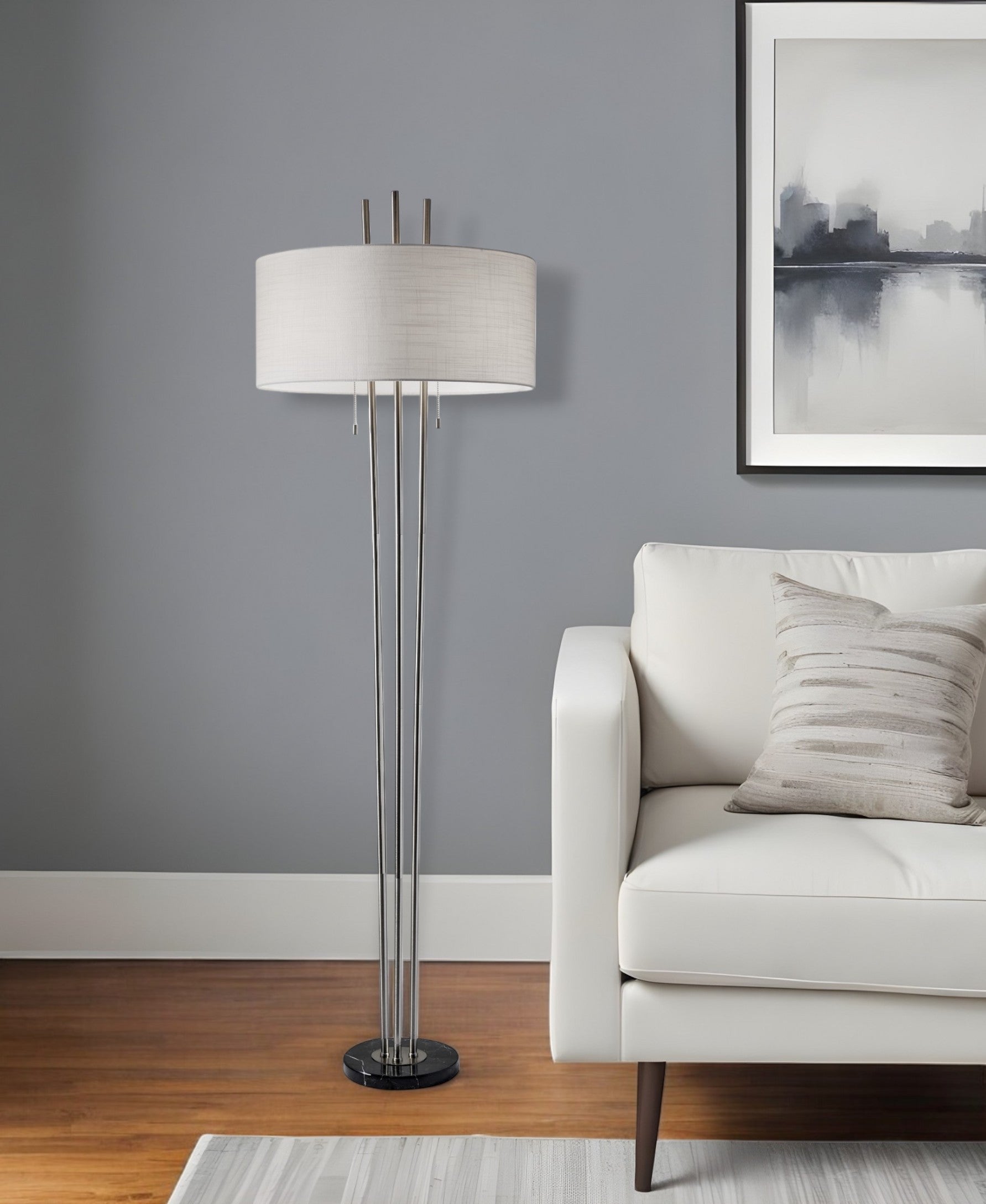 71" Silver Metal Two Light Floor Lamp With White Linen Drum Shade-Floor Lamps-DECOROLALA