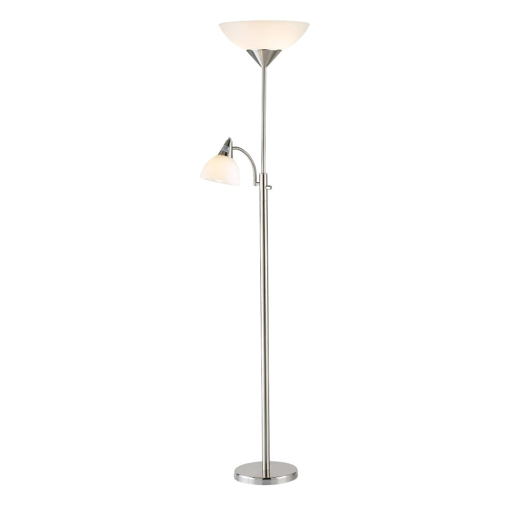 71" Silver Metal Two Light Torchiere Floor Lamp With White Bowl Shade-Floor Lamps-DECOROLALA