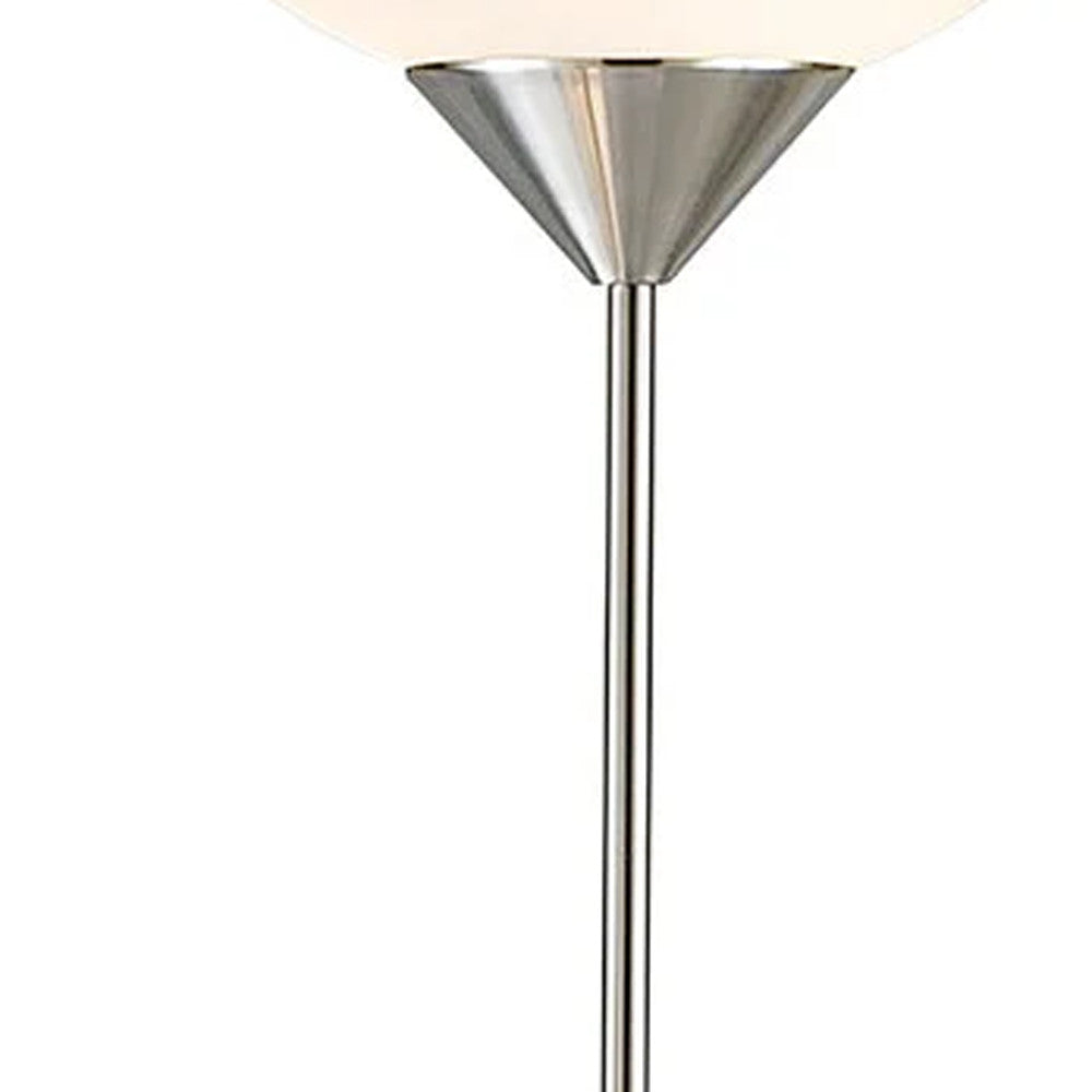 71" Silver Metal Two Light Torchiere Floor Lamp With White Bowl Shade-Floor Lamps-DECOROLALA