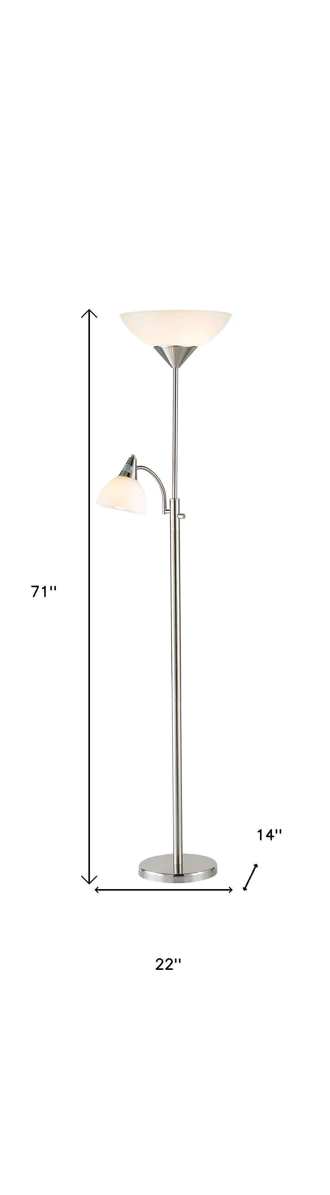 71" Silver Metal Two Light Torchiere Floor Lamp With White Bowl Shade-Floor Lamps-DECOROLALA