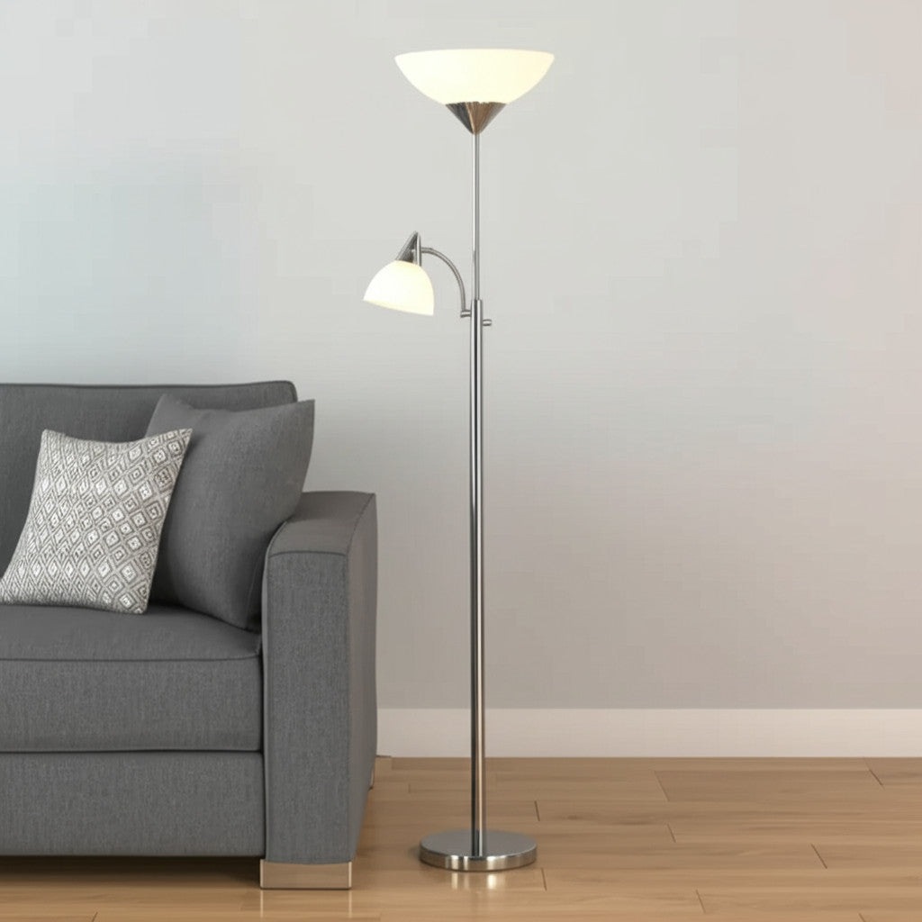 71" Silver Metal Two Light Torchiere Floor Lamp With White Bowl Shade-Floor Lamps-DECOROLALA