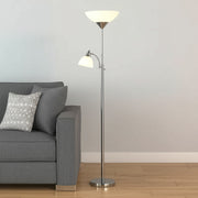 71" Silver Metal Two Light Torchiere Floor Lamp With White Bowl Shade-Floor Lamps-DECOROLALA