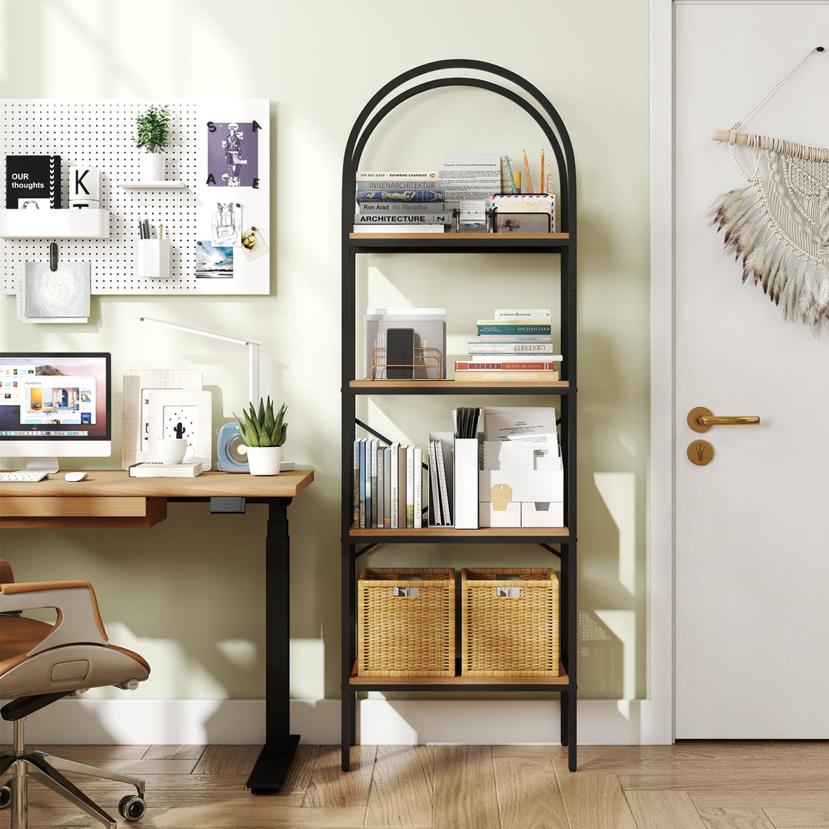 71" Tall Arched Bookcase 4-Tier with Storage Shelves & Metal Frame for Home Office-Brown & Black-Bookcases-DECOROLALA