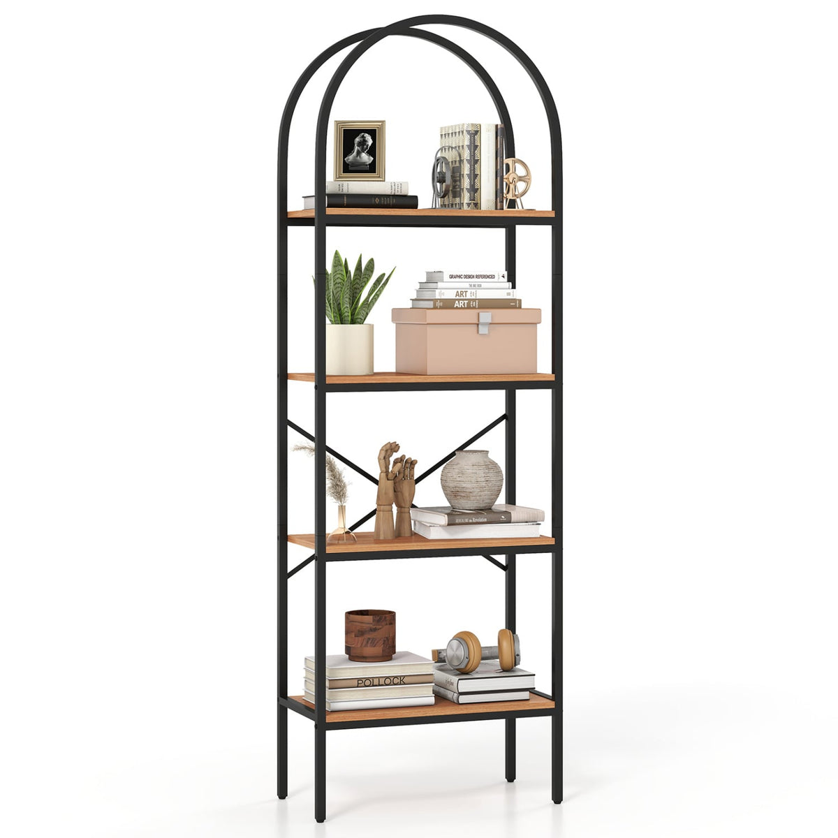 71" Tall Arched Bookcase 4-Tier with Storage Shelves & Metal Frame for Home Office-Brown & Black-Bookcases-DECOROLALA