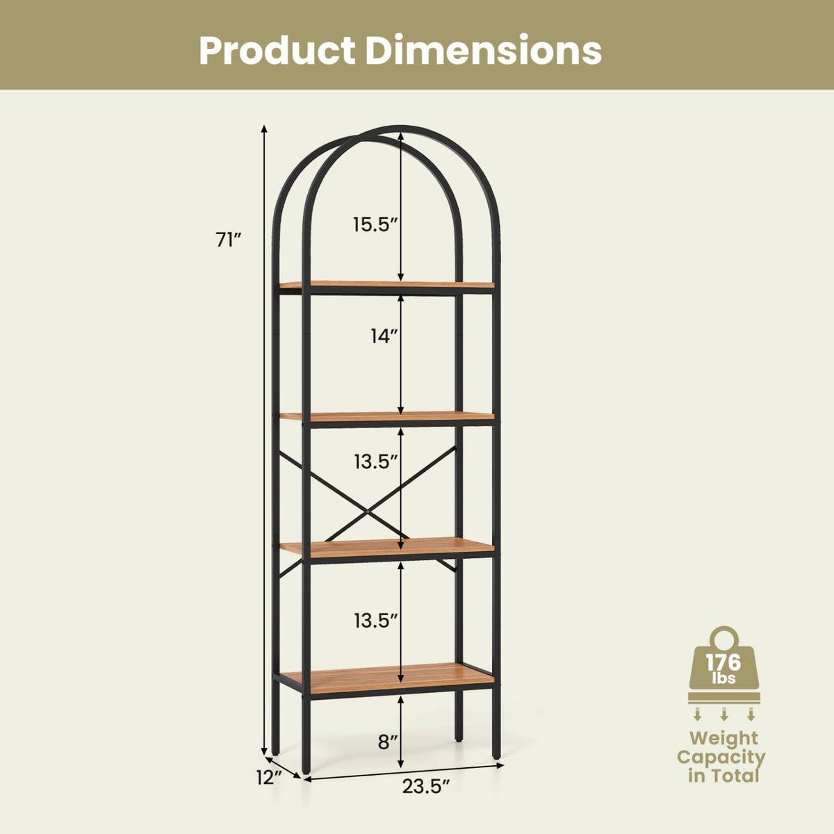 71" Tall Arched Bookcase 4-Tier with Storage Shelves & Metal Frame for Home Office-Brown & Black-Bookcases-DECOROLALA