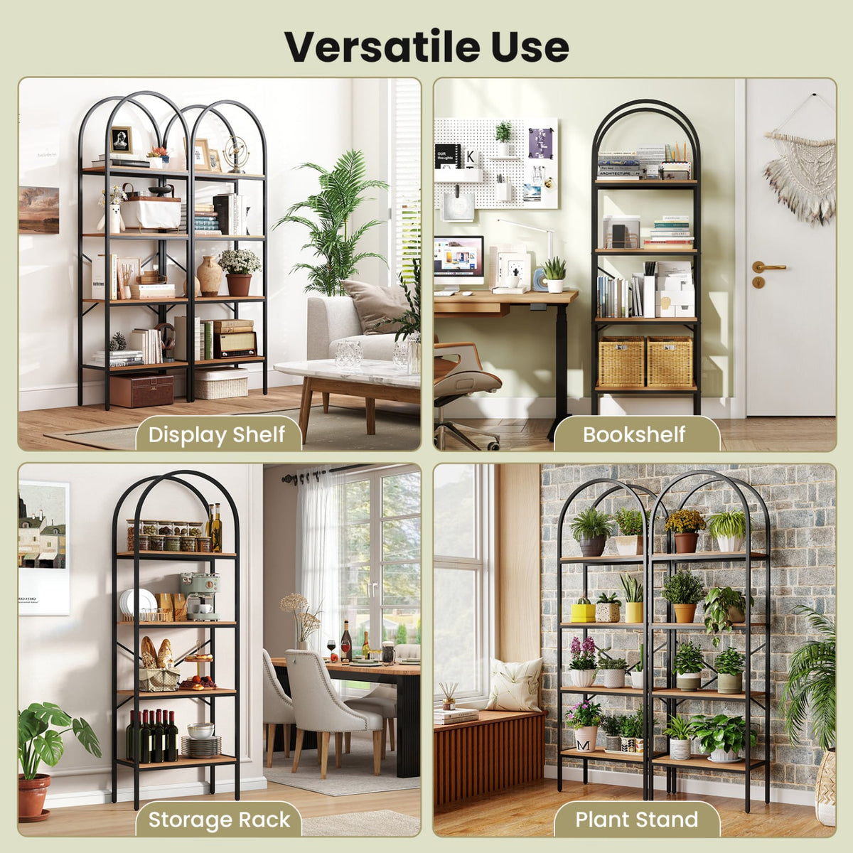 71" Tall Arched Bookcase 4-Tier with Storage Shelves & Metal Frame for Home Office-Brown & Black-Bookcases-DECOROLALA