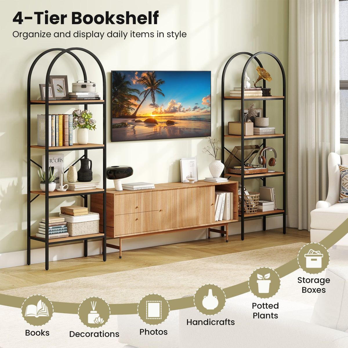 71" Tall Arched Bookcase 4-Tier with Storage Shelves & Metal Frame for Home Office-Brown & Black-Bookcases-DECOROLALA