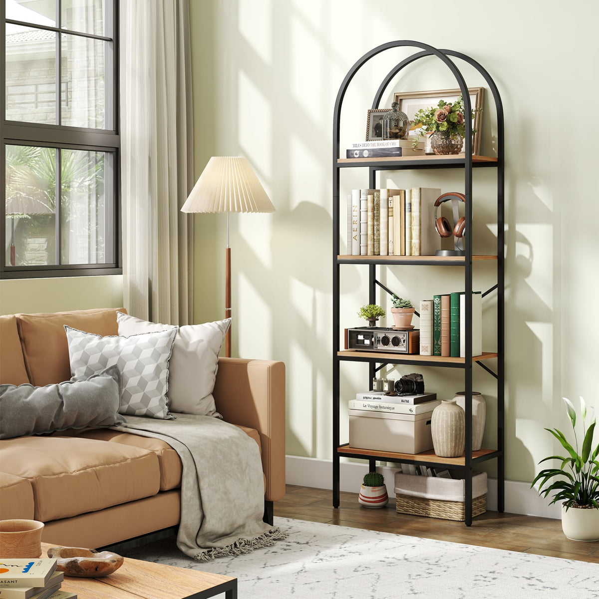 71" Tall Arched Bookcase 4-Tier with Storage Shelves & Metal Frame for Home Office-Brown & Black-Bookcases-DECOROLALA