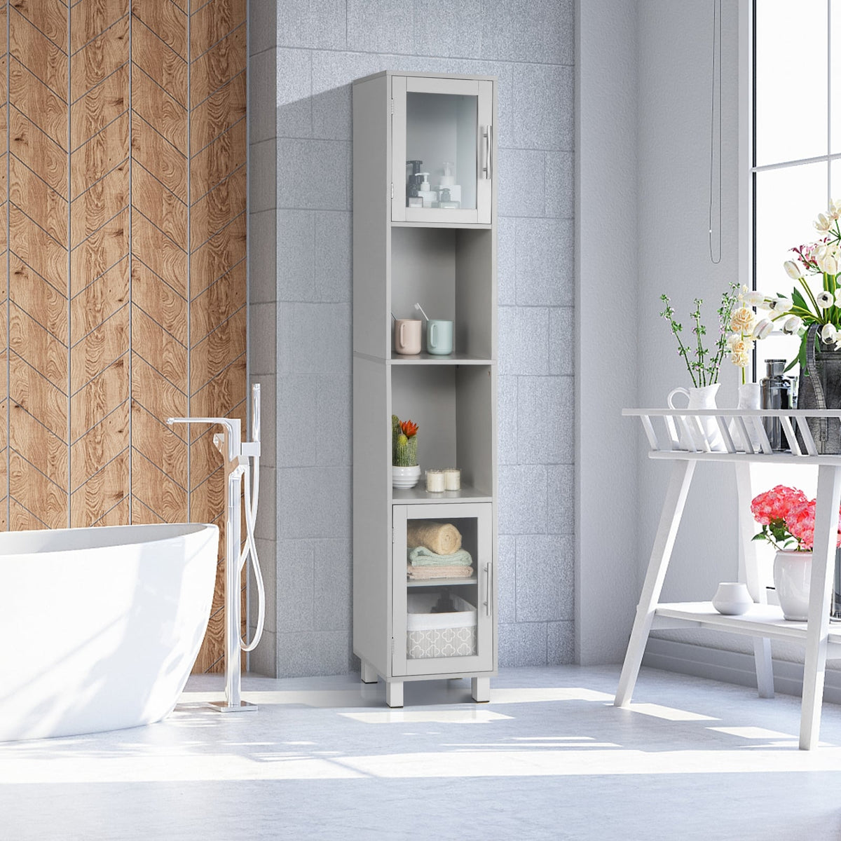 71" Tall Bathroom Storage Cabinet - Gray Narrow Tower Shelf-Floor Cabinets-DECOROLALA