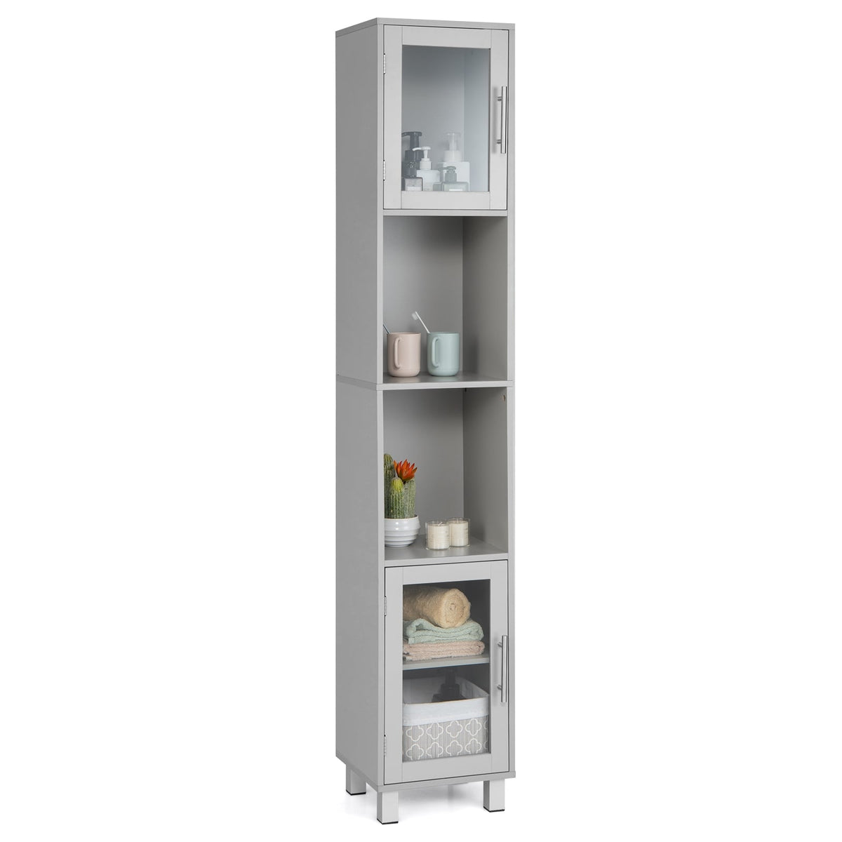 71" Tall Bathroom Storage Cabinet - Gray Narrow Tower Shelf-Floor Cabinets-DECOROLALA