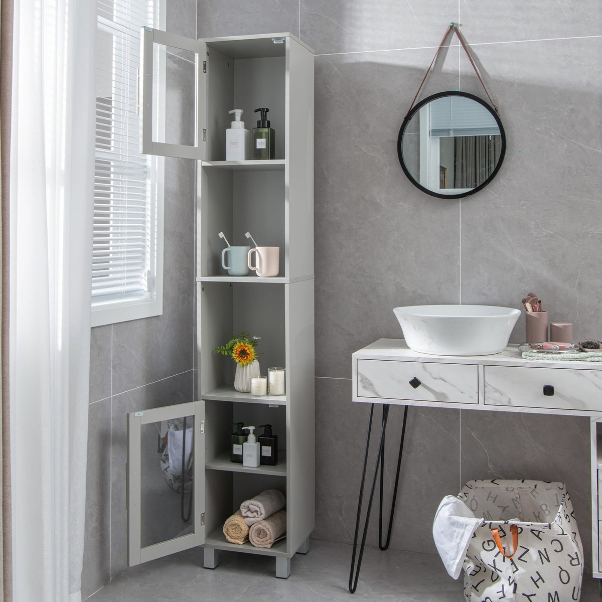 71" Tall Bathroom Storage Cabinet - Gray Narrow Tower Shelf-Floor Cabinets-DECOROLALA