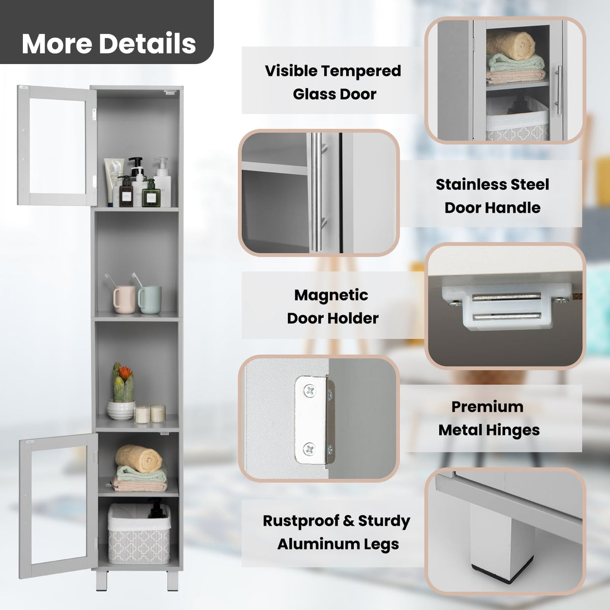71" Tall Bathroom Storage Cabinet - Gray Narrow Tower Shelf-Floor Cabinets-DECOROLALA