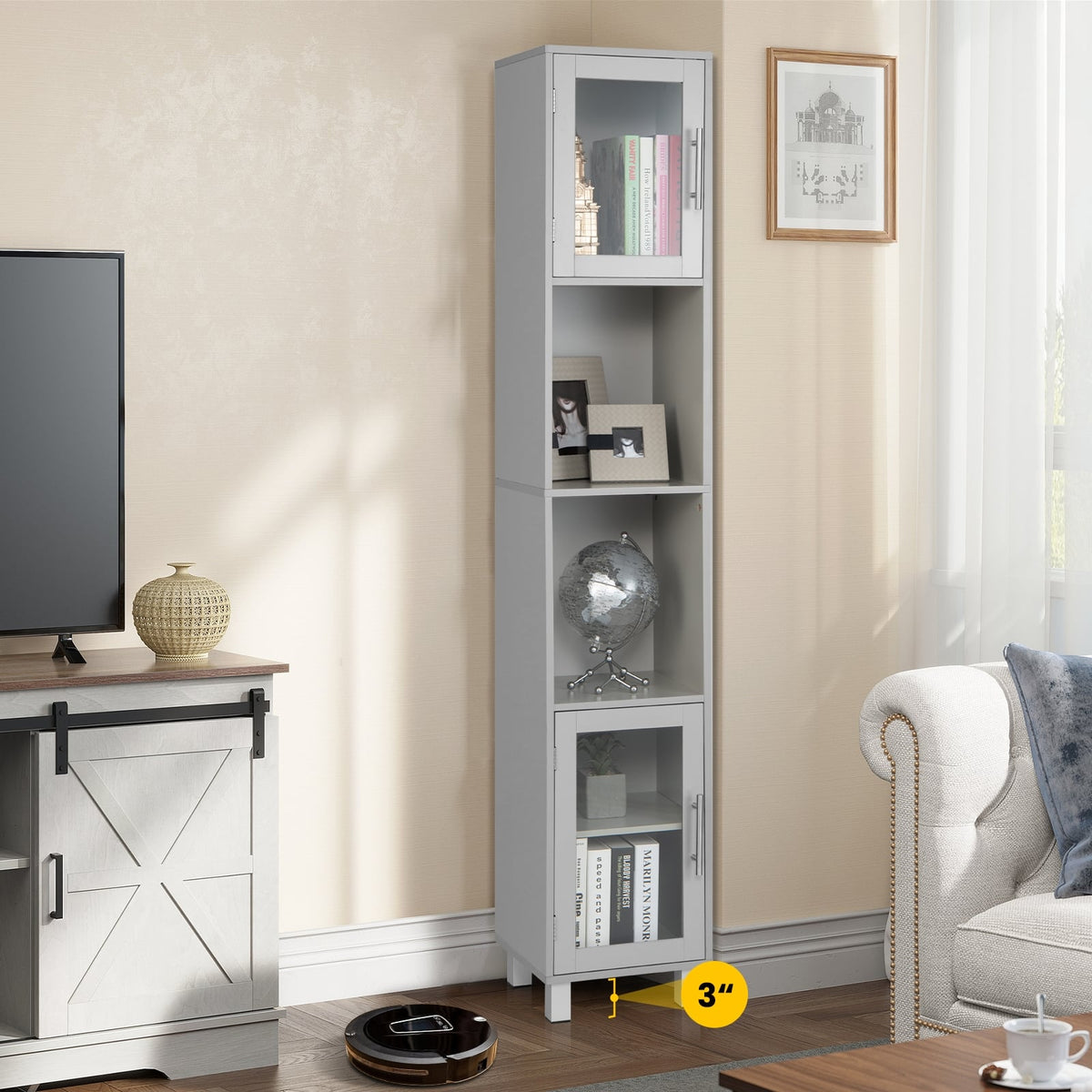 71" Tall Bathroom Storage Cabinet - Gray Narrow Tower Shelf-Floor Cabinets-DECOROLALA