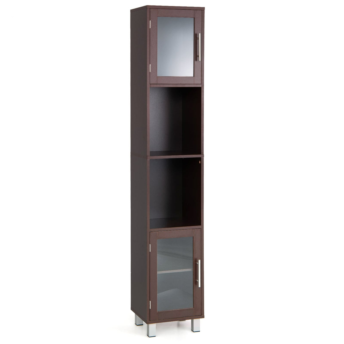 71" Tall Bathroom Storage Cabinet Tower with Glass Doors - Brown-Floor Cabinets-DECOROLALA