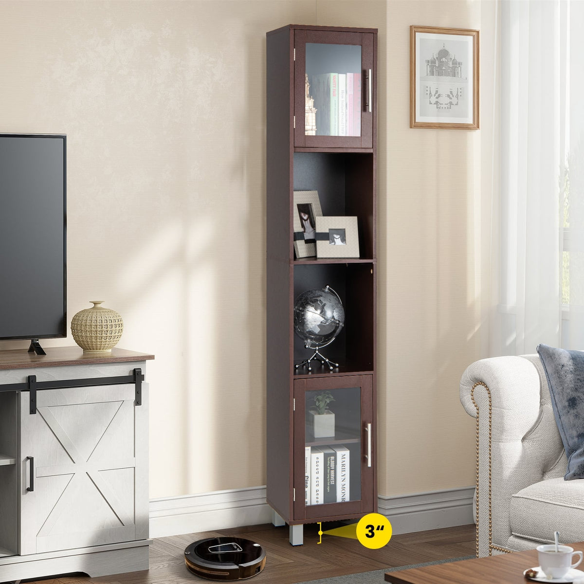 71" Tall Bathroom Storage Cabinet Tower with Glass Doors - Brown-Floor Cabinets-DECOROLALA