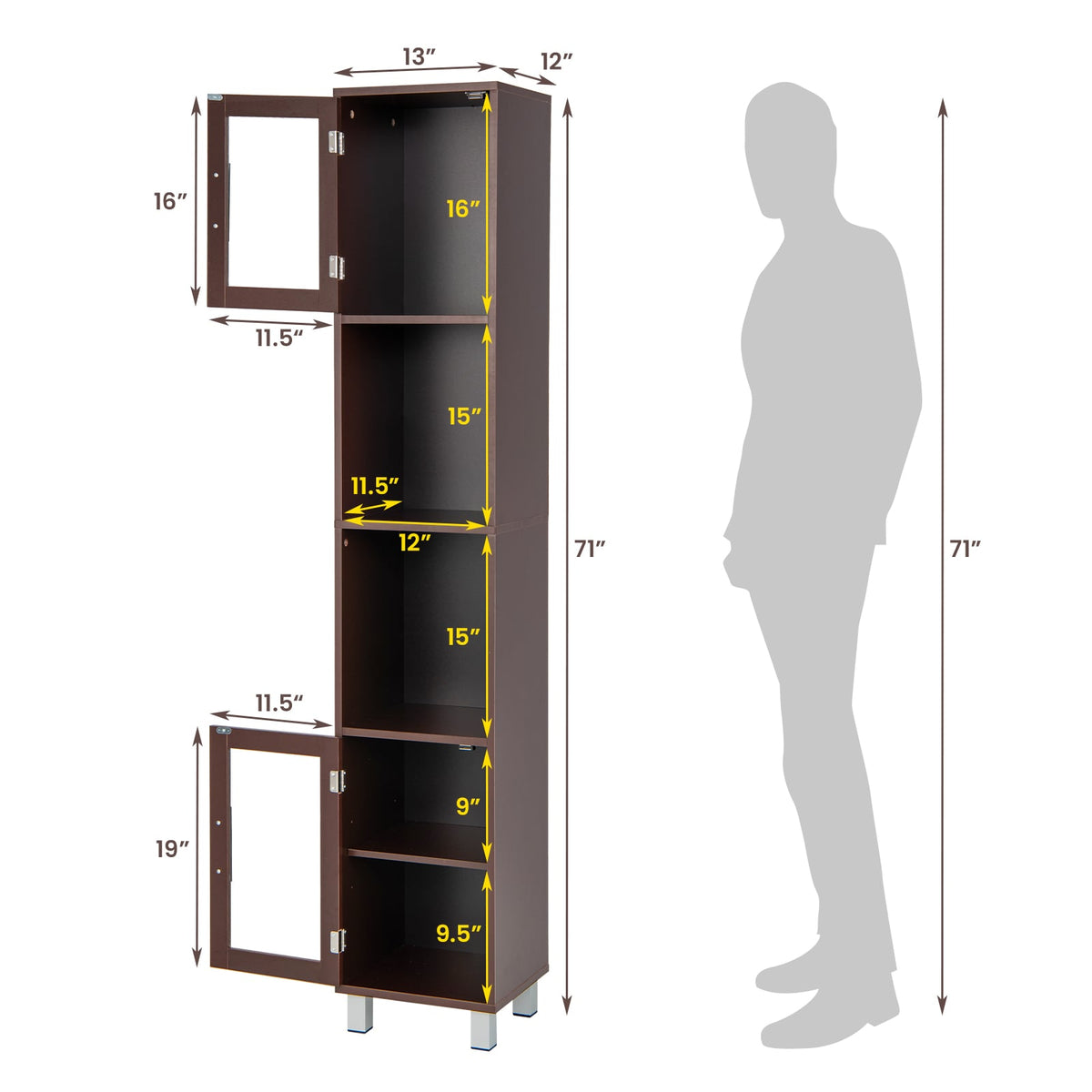 71" Tall Bathroom Storage Cabinet Tower with Glass Doors - Brown-Floor Cabinets-DECOROLALA