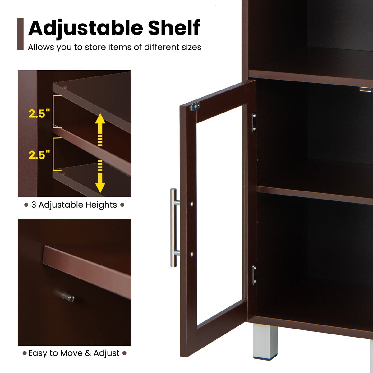 71" Tall Bathroom Storage Cabinet Tower with Glass Doors - Brown-Floor Cabinets-DECOROLALA