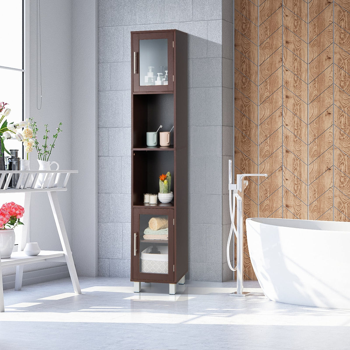 71" Tall Bathroom Storage Cabinet Tower with Glass Doors - Brown-Floor Cabinets-DECOROLALA